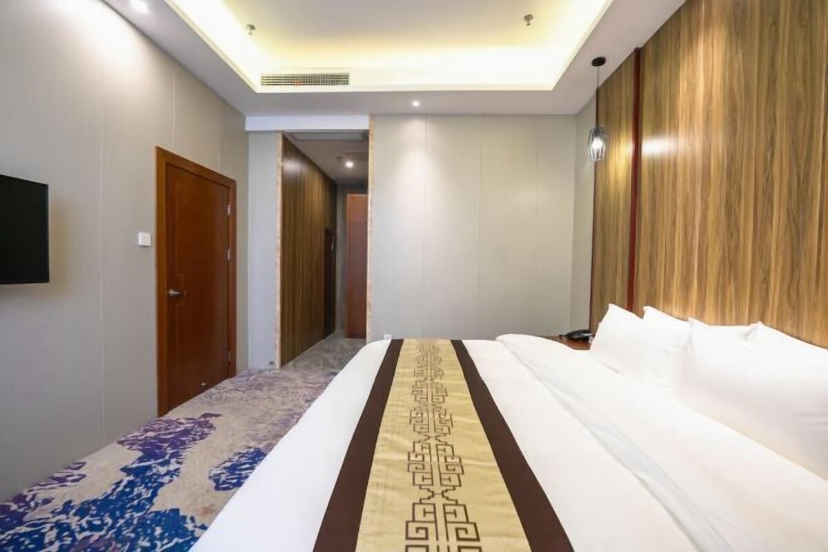 Quarto de hotel com uma cama grande, televisão na parede e tapete estampado.