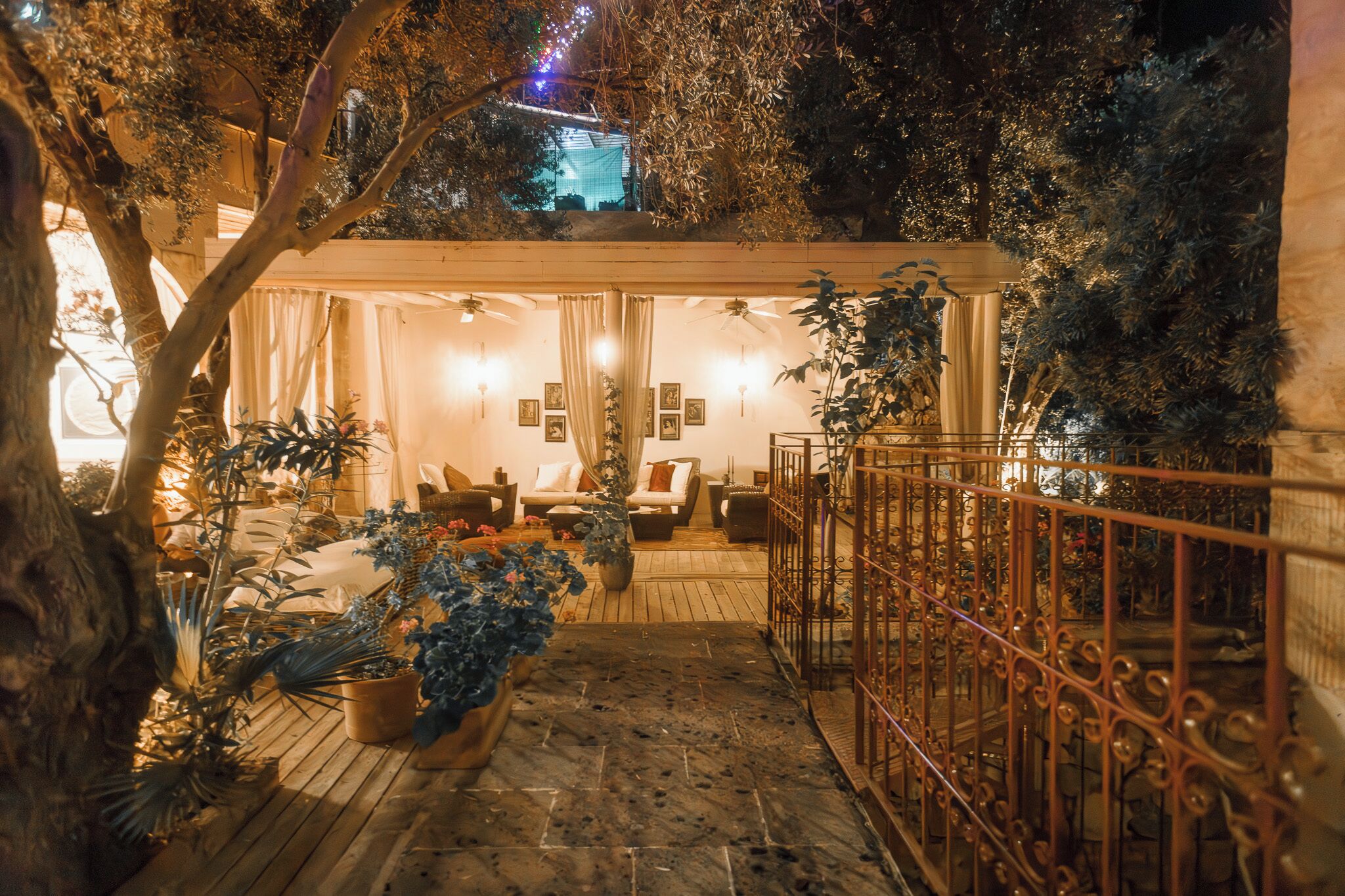 Une terrasse extérieure avec un revêtement de sol en bois, des plantes en pot et des espaces aménagés pour s’asseoir.