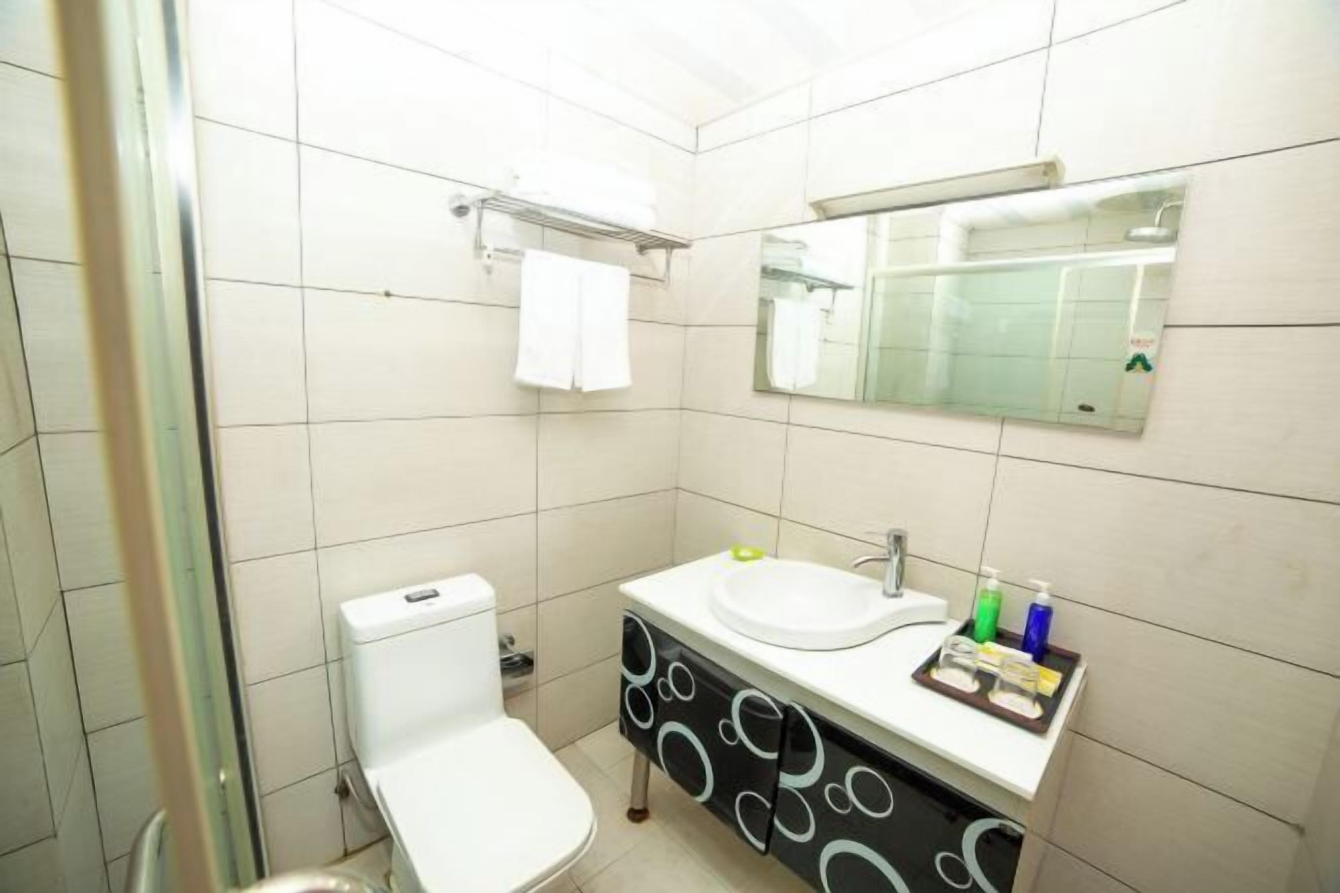Un baño con inodoro, lavabo y espejo.