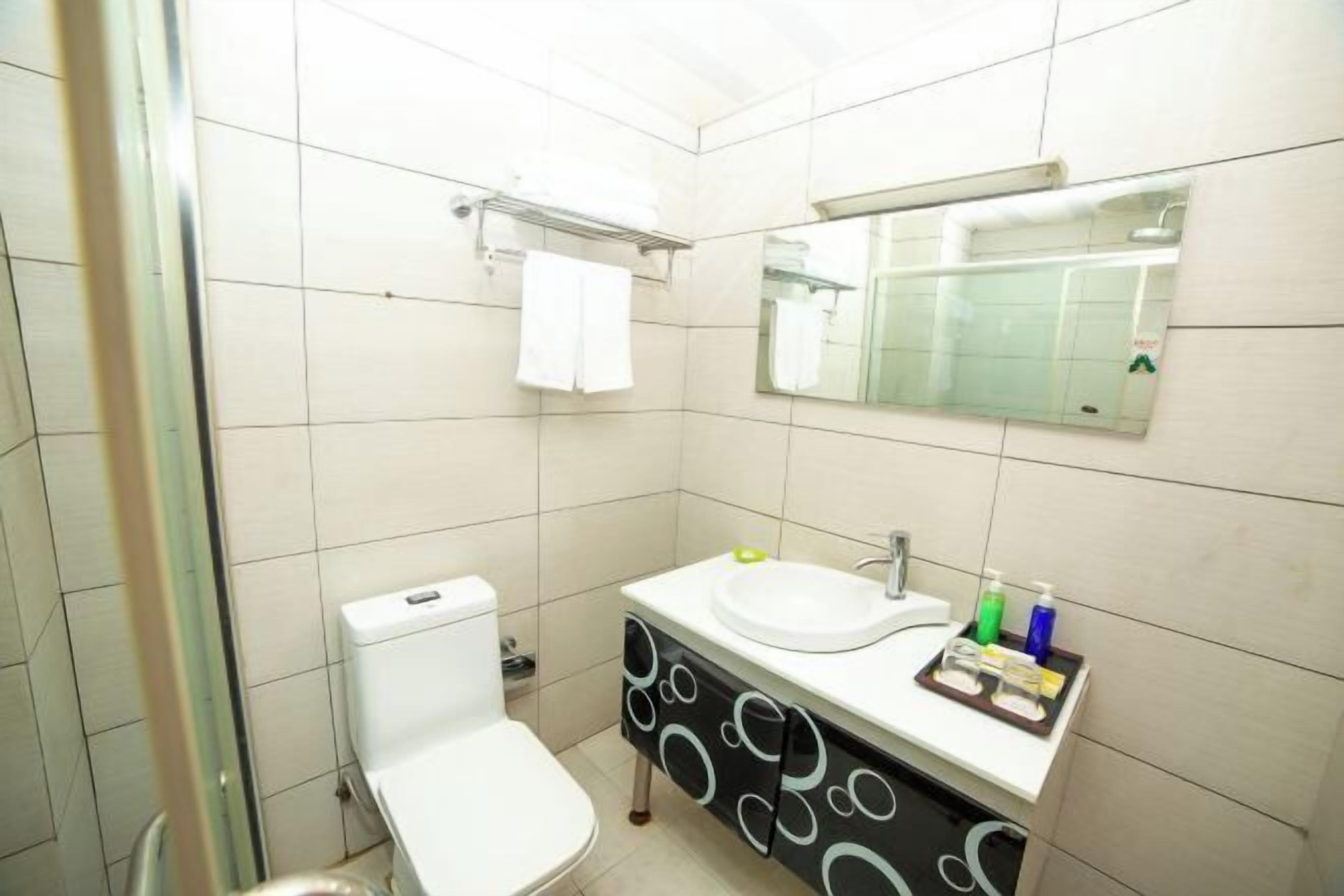A bathroom with a toilet, sink, mirror, and towel rack.