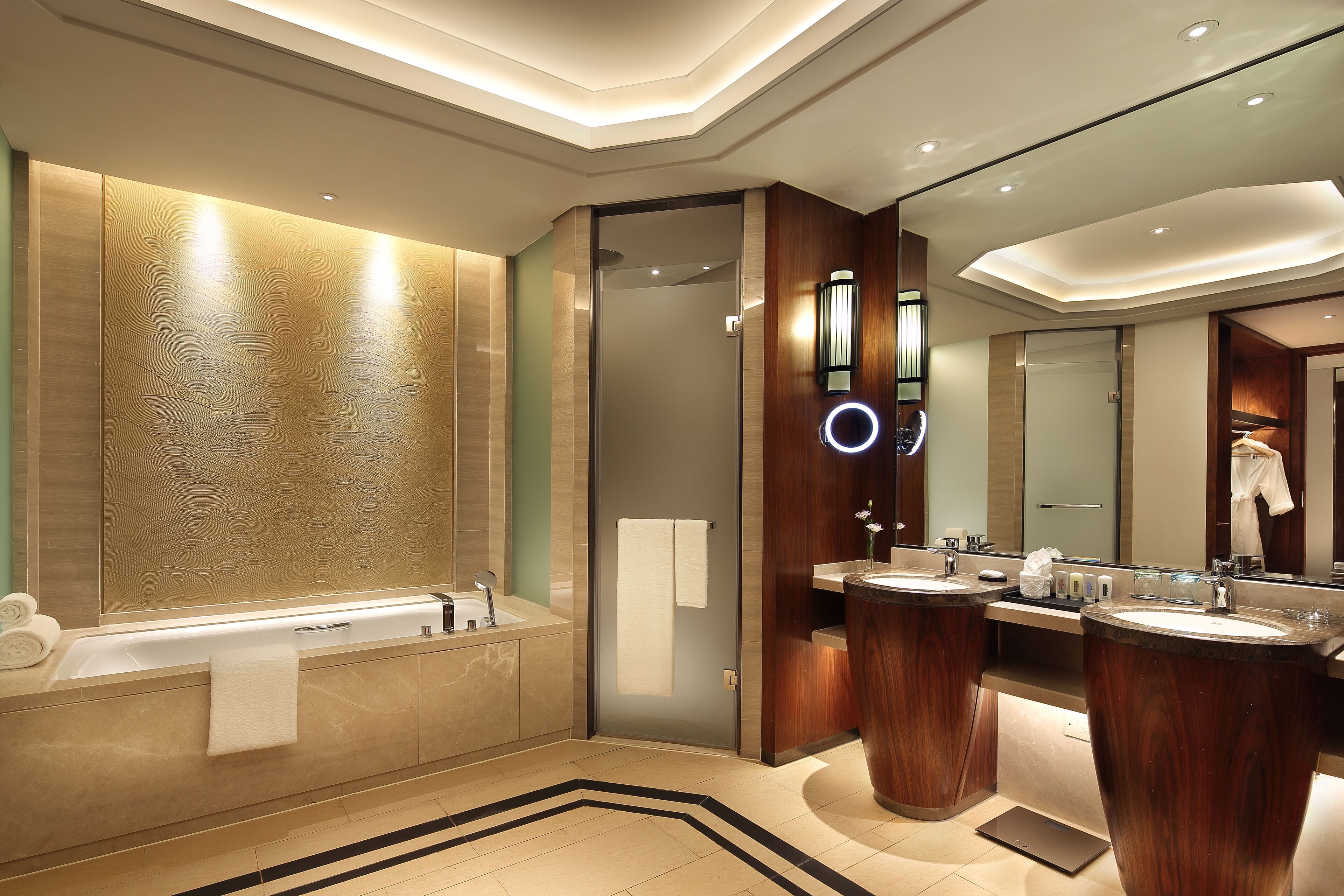 separate bathtub and shower, rainfall showerhead, designer toiletries