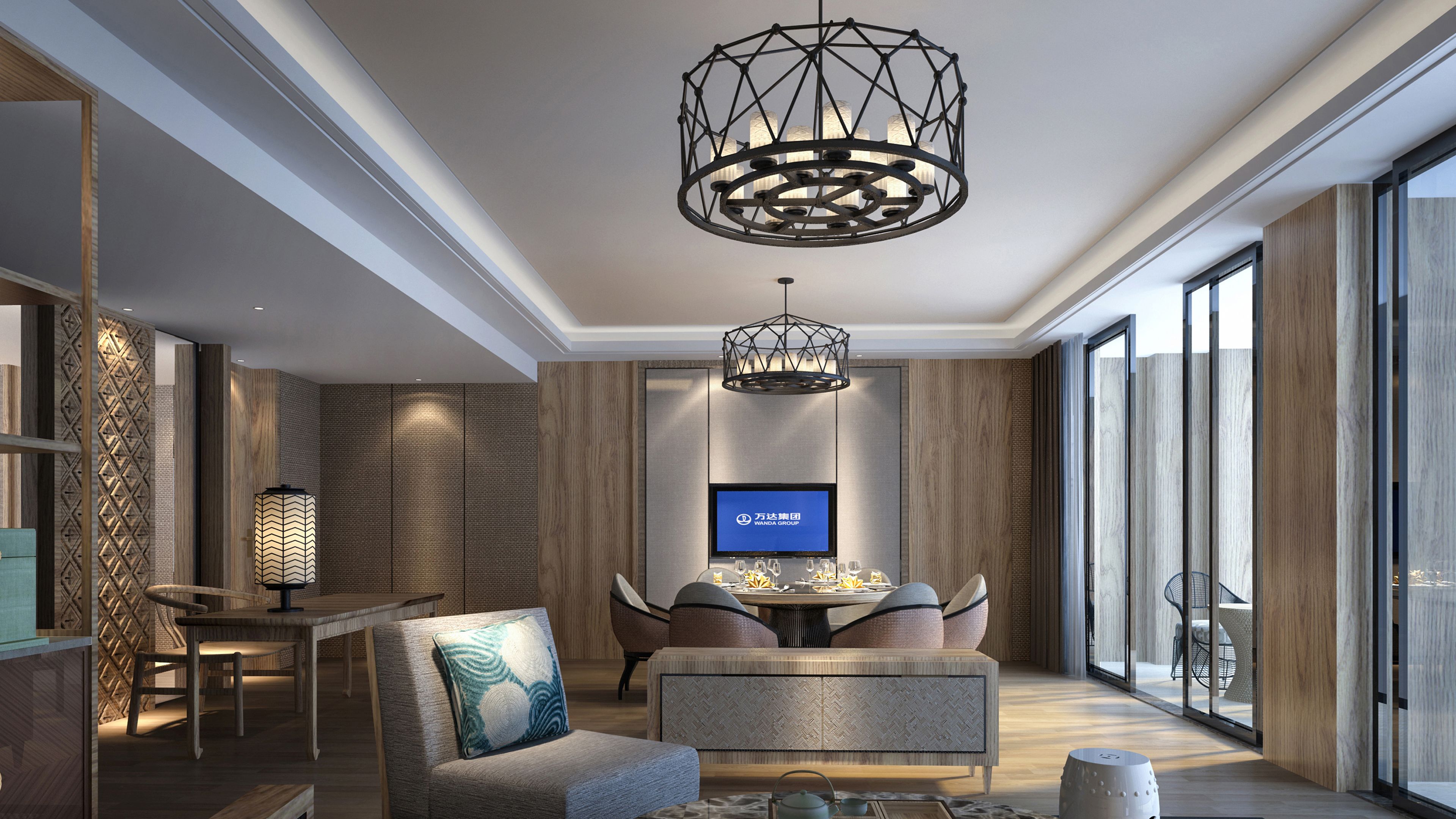 A modern living room with a large TV, a dining area, and a seating area with a patterned sofa and a decorative lamp.