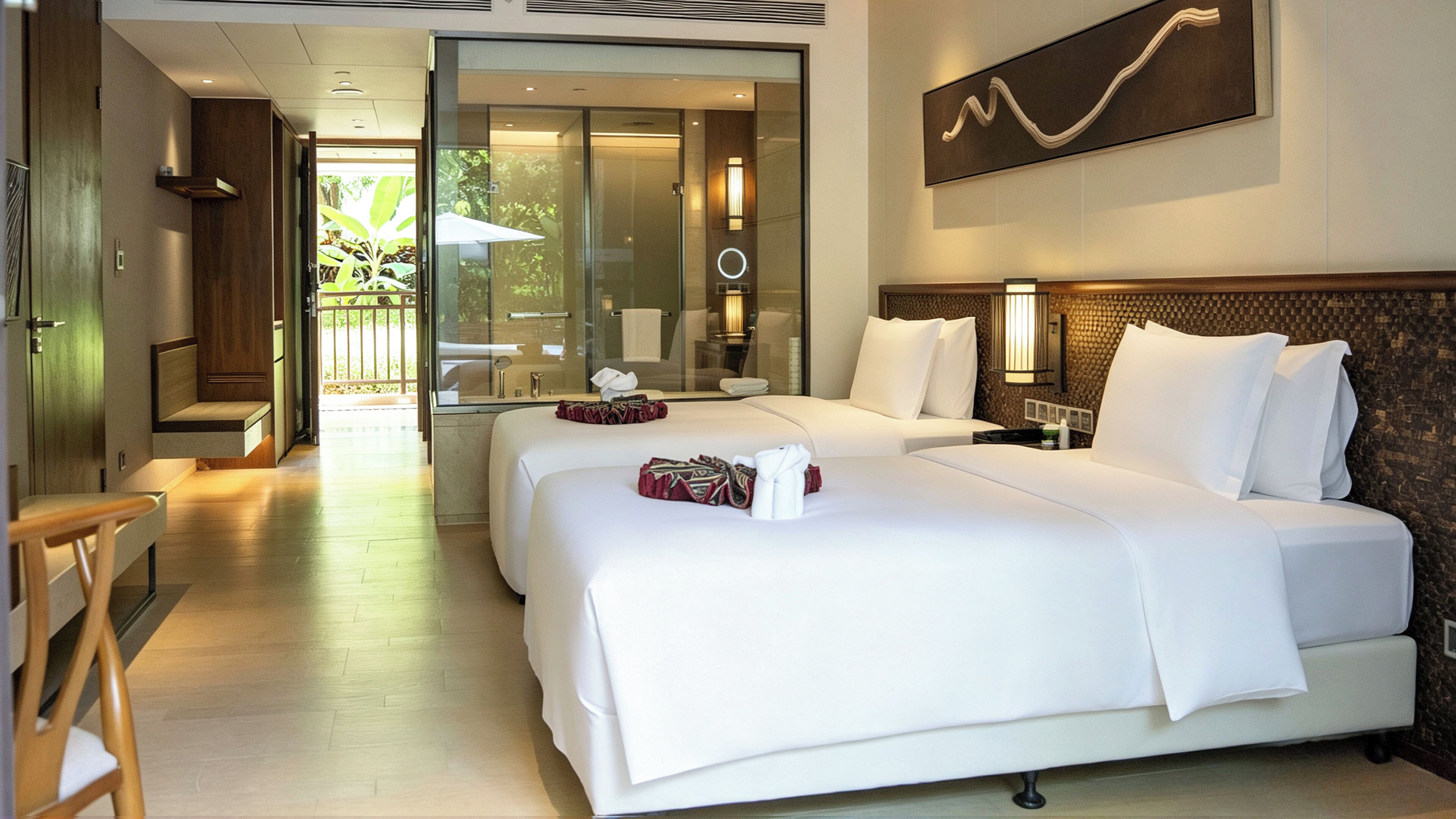 Habitación de hotel con dos camas, zona de estar y vistas al exterior.