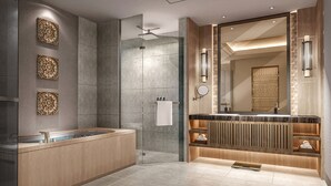A modern bathroom with a large mirror, a shower, and a vanity with a wooden panel design. - Crowne Plaza Resort Xishuangbanna Parkview by IHG (Xishuangbanna Dai)