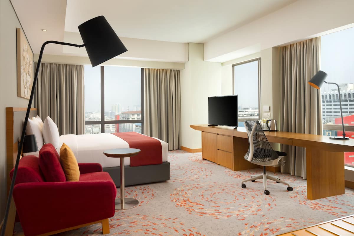 In-room safe, desk, laptop workspace, blackout curtains