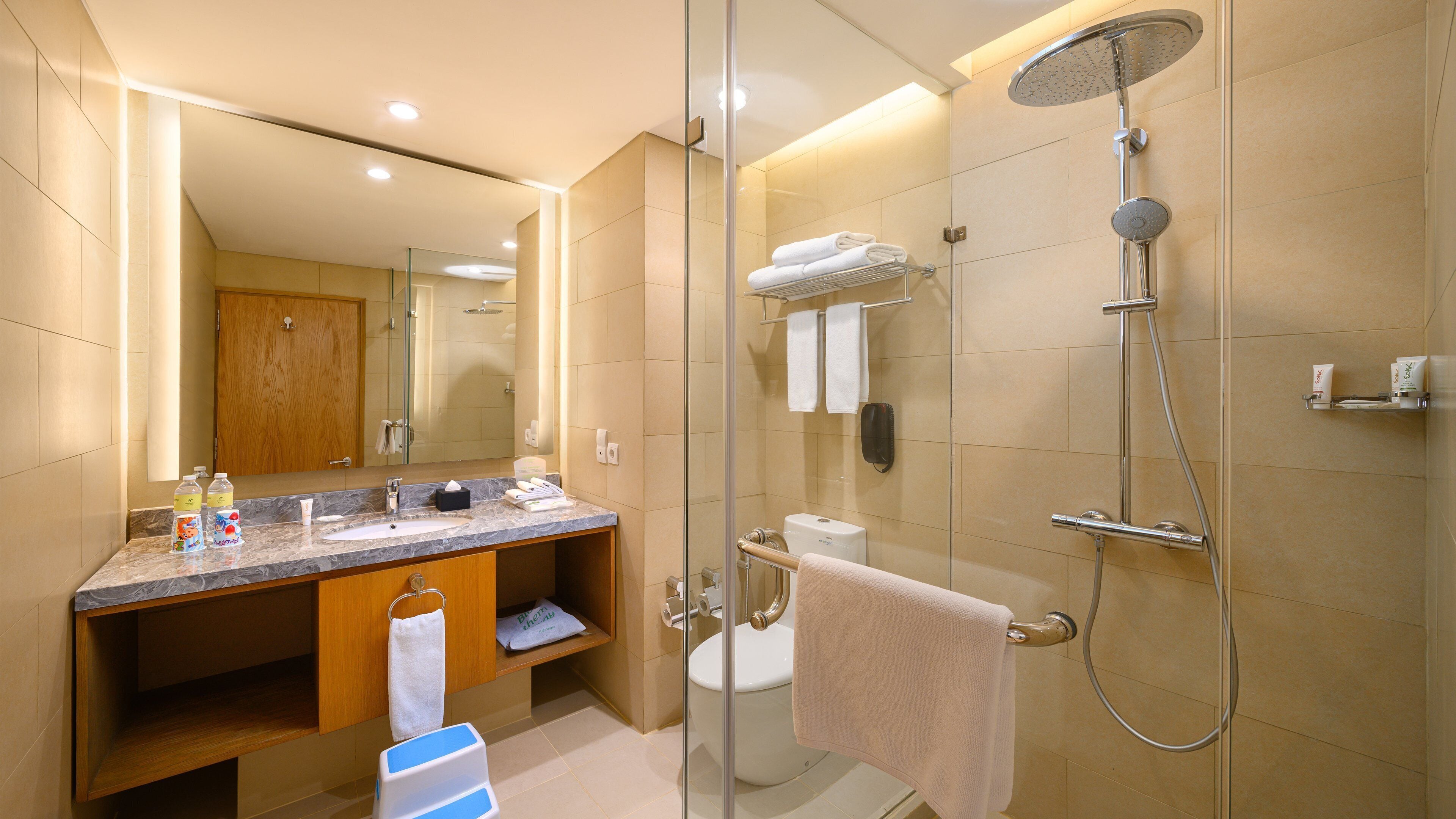 A modern bathroom with a glass-enclosed shower, a marble sink, and a toilet.