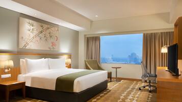 In-room safe, desk, laptop workspace, blackout curtains