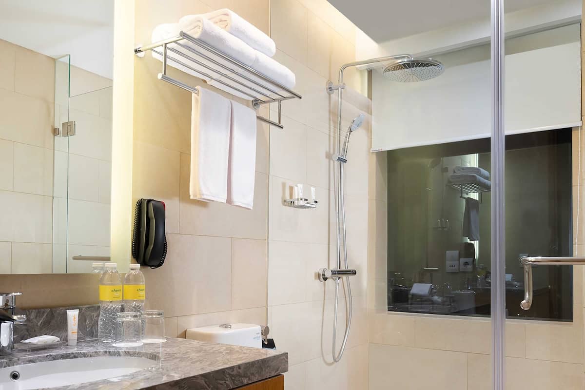 Shower, hydromassage showerhead, free toiletries, hair dryer
