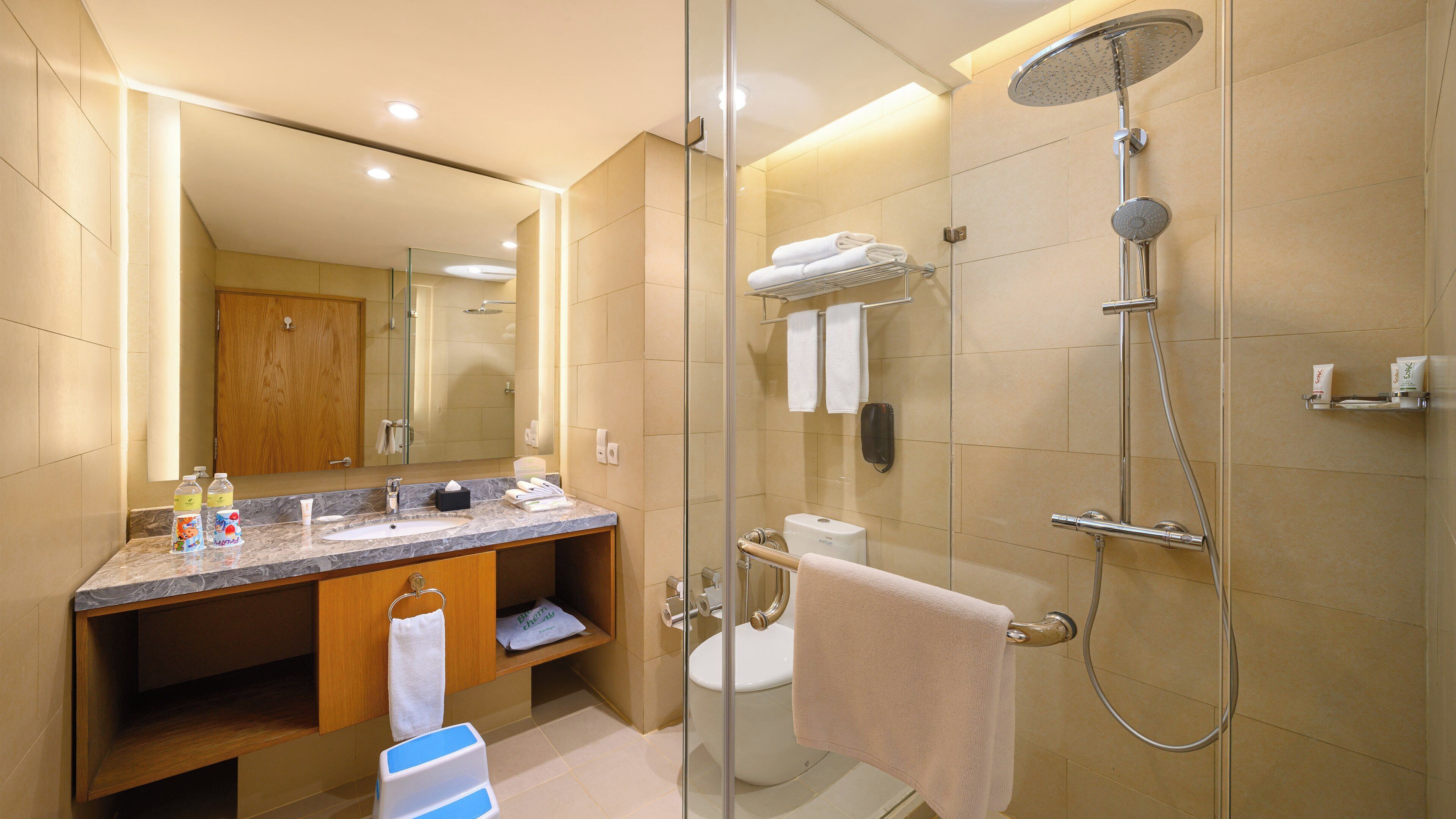 A modern bathroom with a glass-enclosed shower, a marble sink, and a toilet.