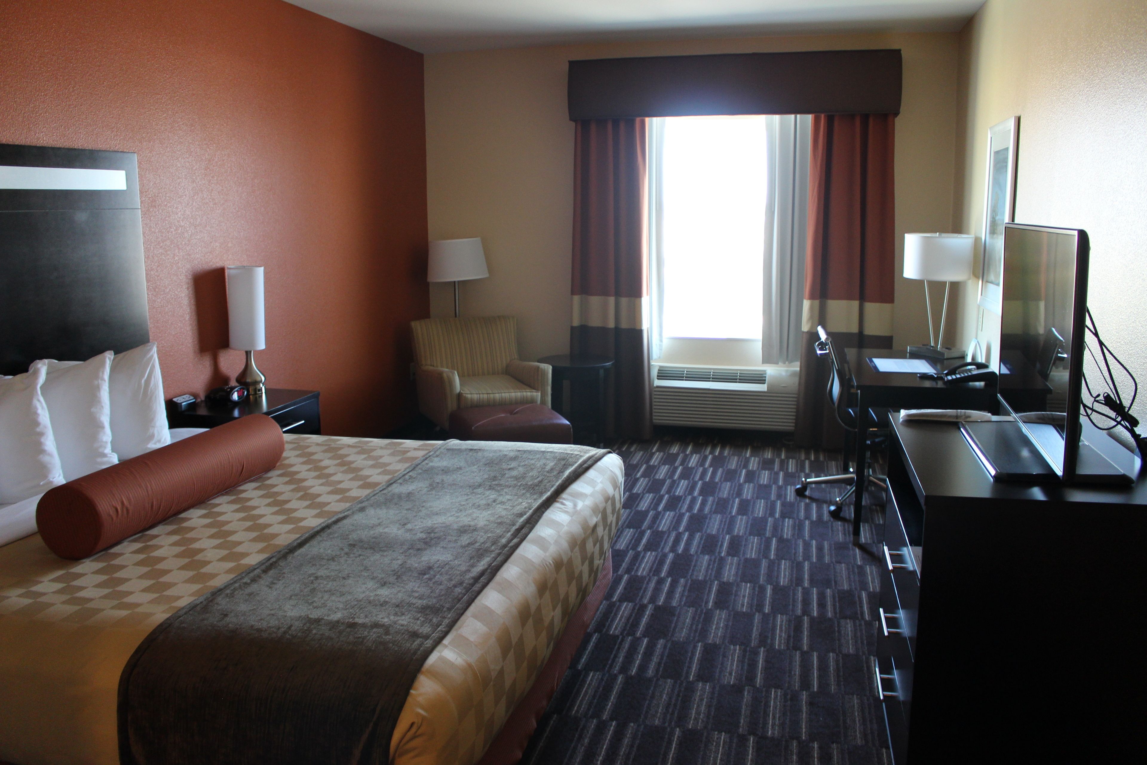 desk, laptop workspace, blackout curtains, iron/ironing board