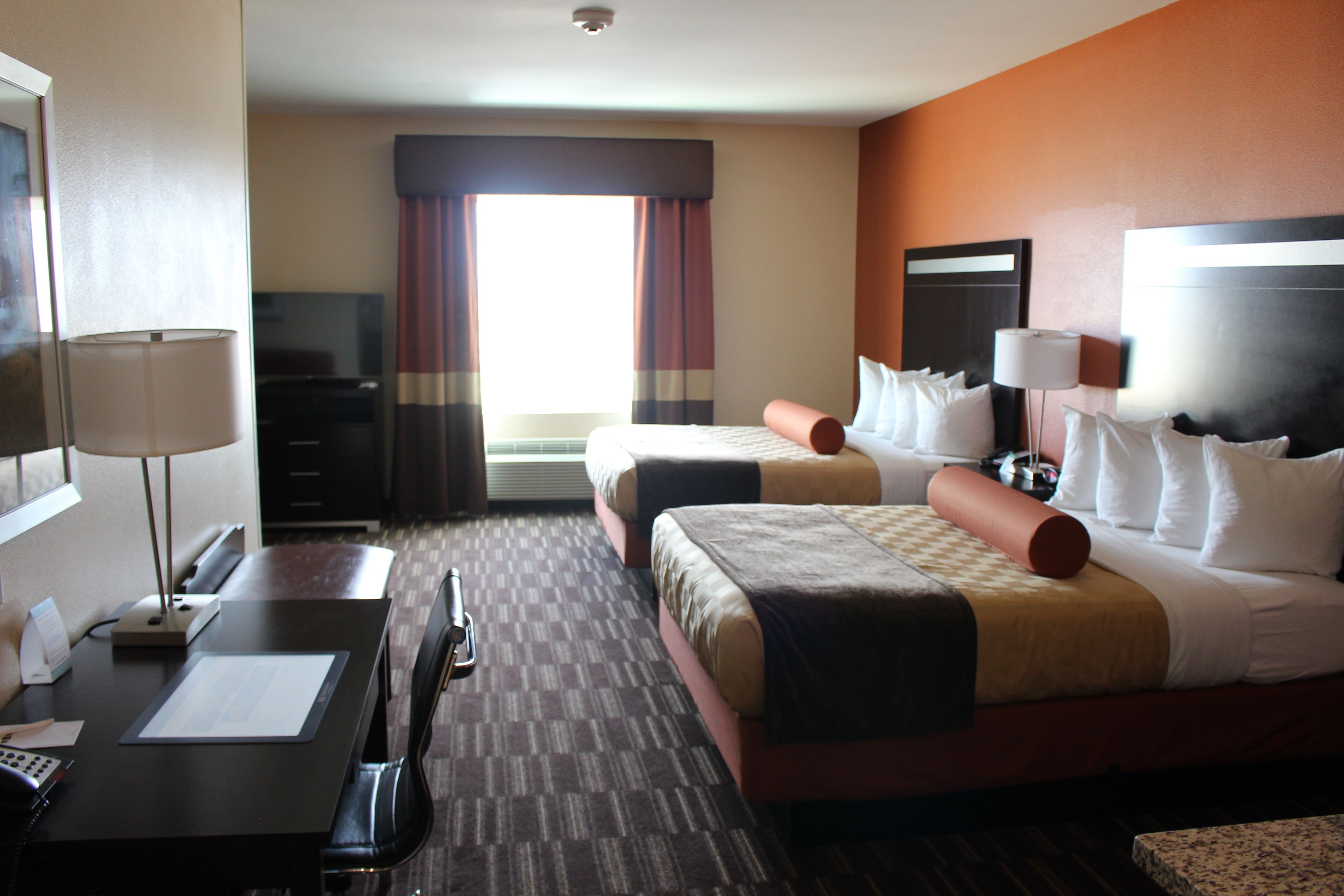 double room, 2 queen beds, non smoking, refrigerator & microwave | desk, laptop workspace, blackout curtains, iron/ironing board