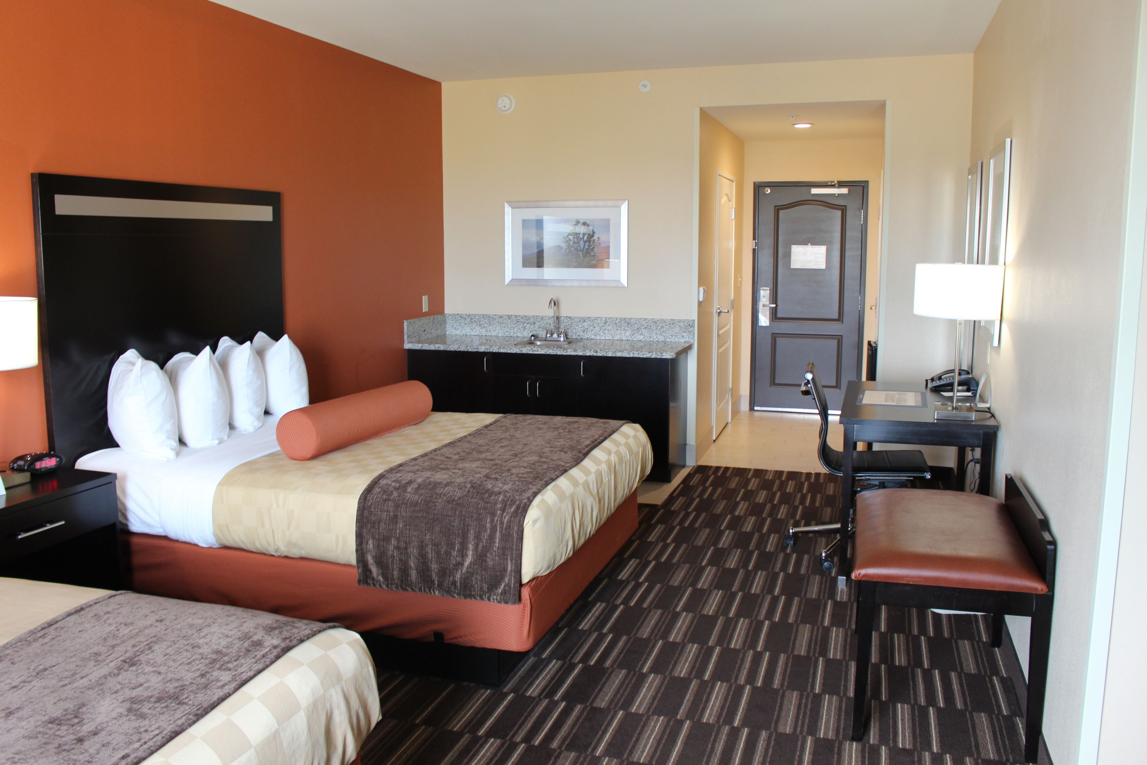 desk, laptop workspace, blackout curtains, iron/ironing board