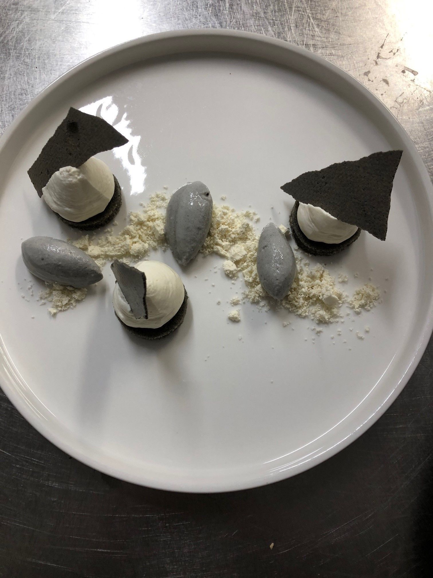 A dessert plate with ice cream and cookie pieces.