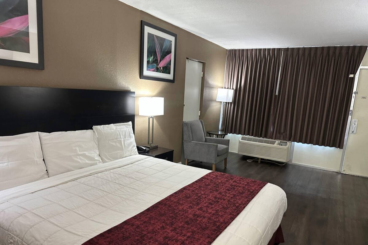 A hotel room with a large bed, a desk with a lamp, a chair, a window with curtains, and a framed picture on the wall.