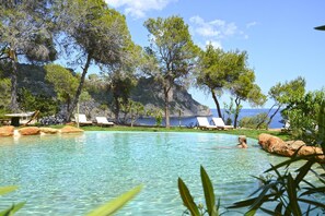 Una piscina al aire libre, sombrillas, sillones reclinables de piscina