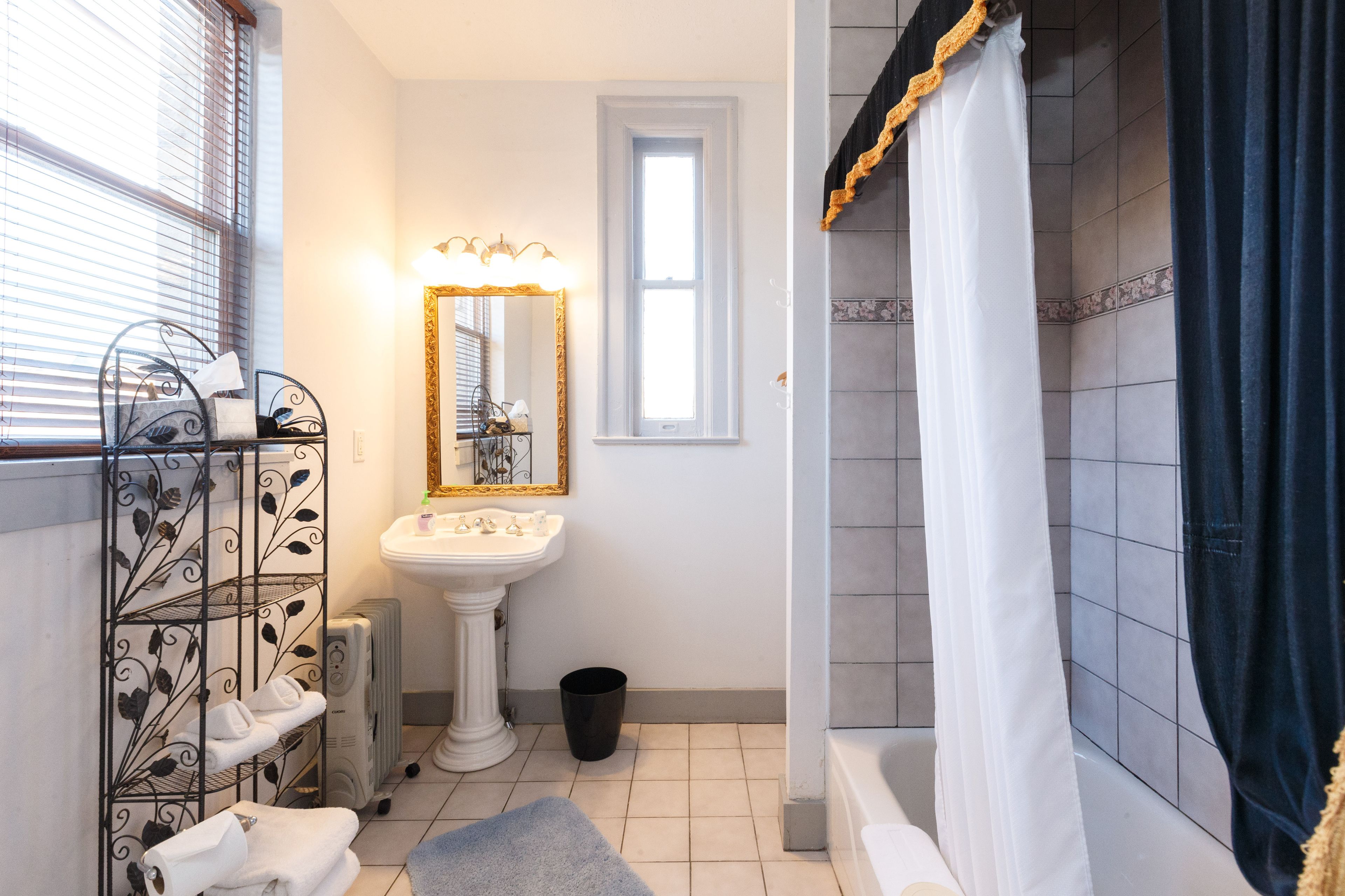 Une salle de bain avec un lavabo sur colonne, un miroir avec un cadre doré, un porte-serviettes, une poubelle noire et une douche avec un rideau blanc.