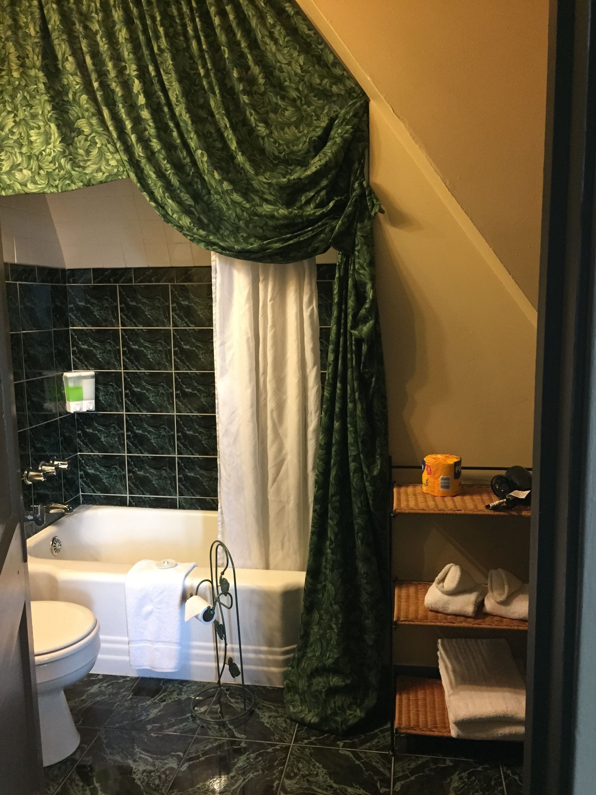 A bathroom with a bathtub, a toilet, and a shower curtain.