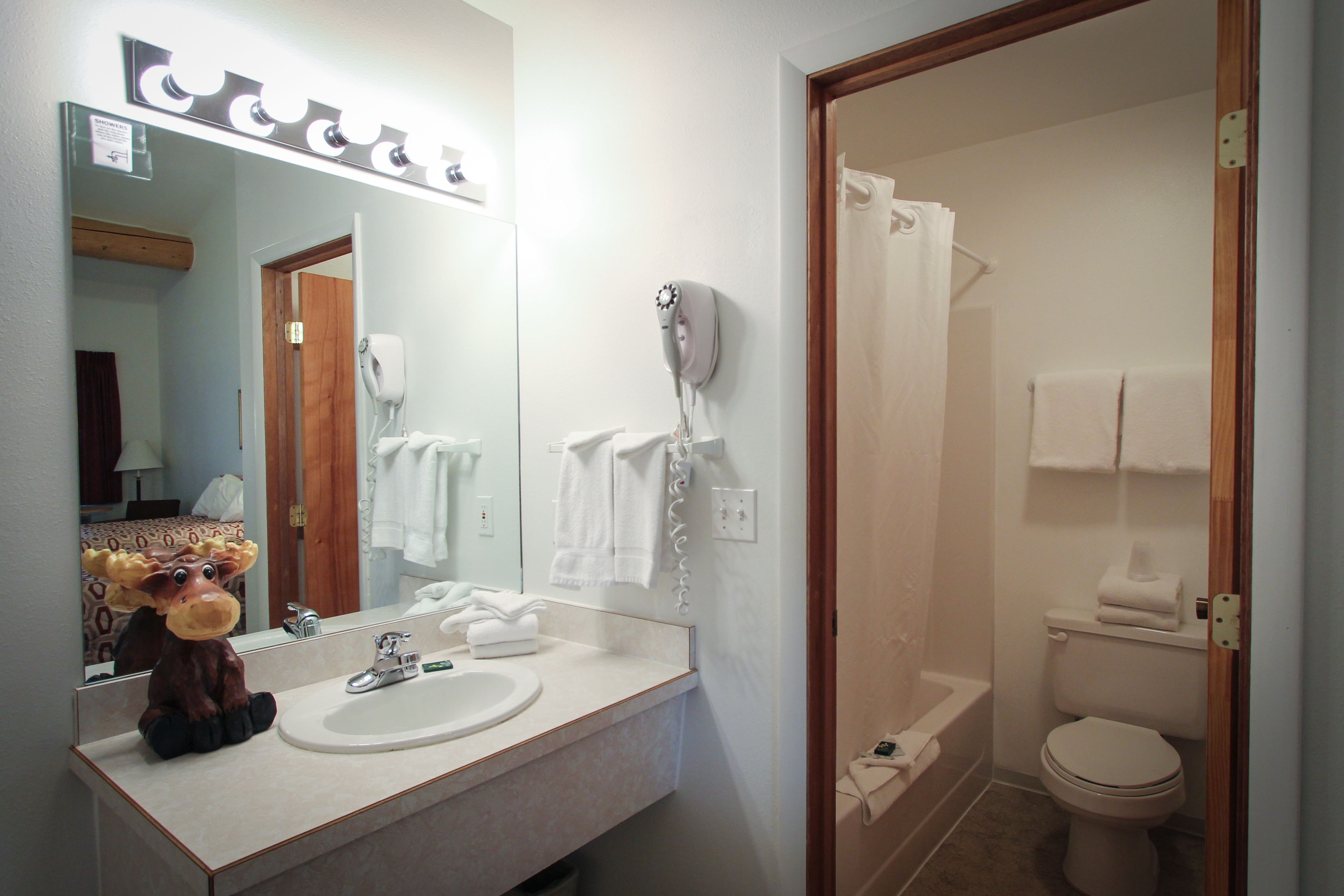 A bathroom with a sink, mirror, hairdryer, and shower curtain.