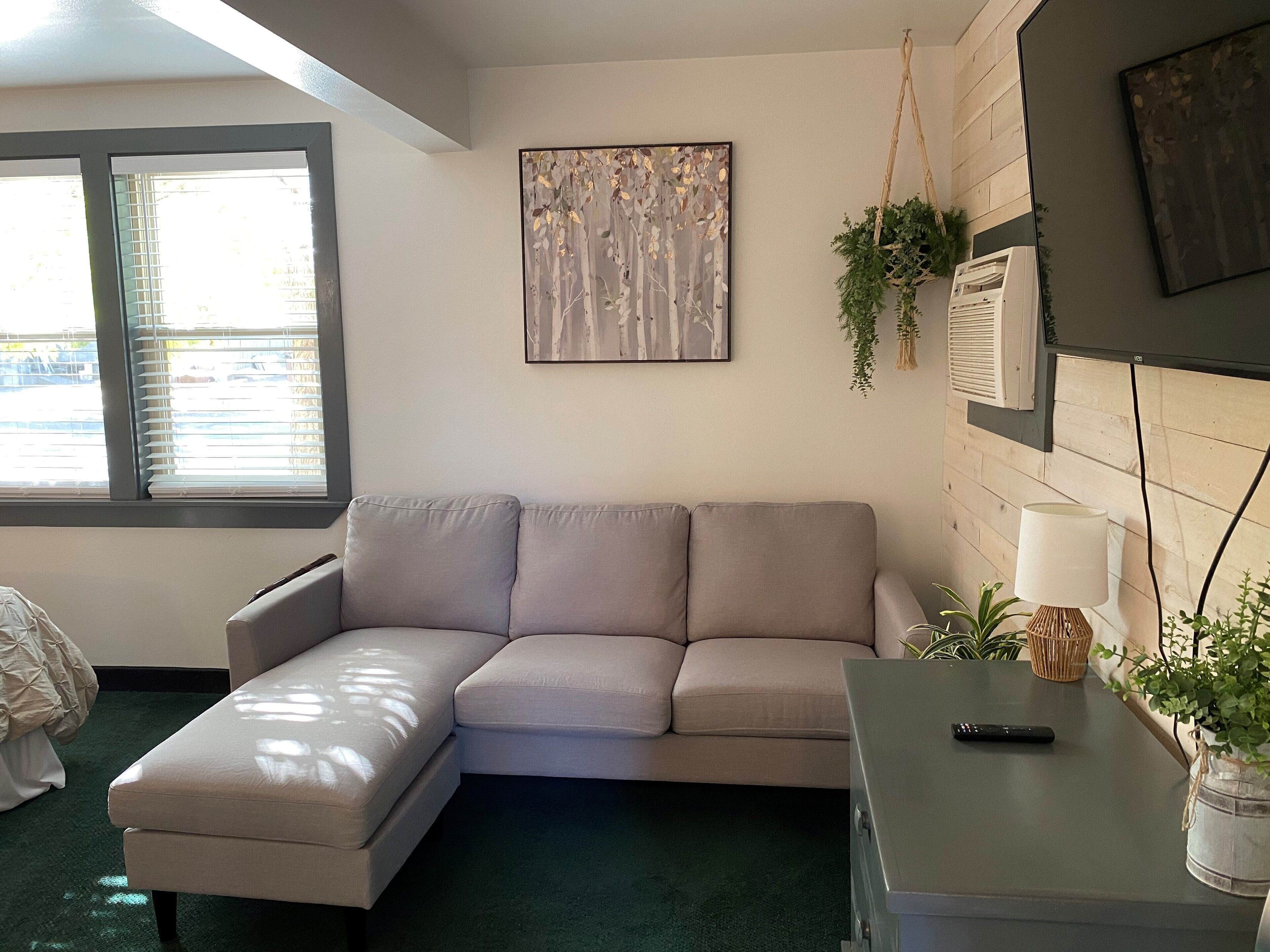 Ein modernes Wohnzimmer mit einem grauen Ecksofa, einem kleinen Tisch mit Lampe sowie einer Wand-Klimaanlage. Es gibt ein Fenster mit Jalousien, ein Bild an der Wand und eine Hängepflanze.