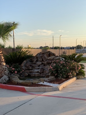 A landscaped area with a stone wall, pink flowers, and a palm tree.