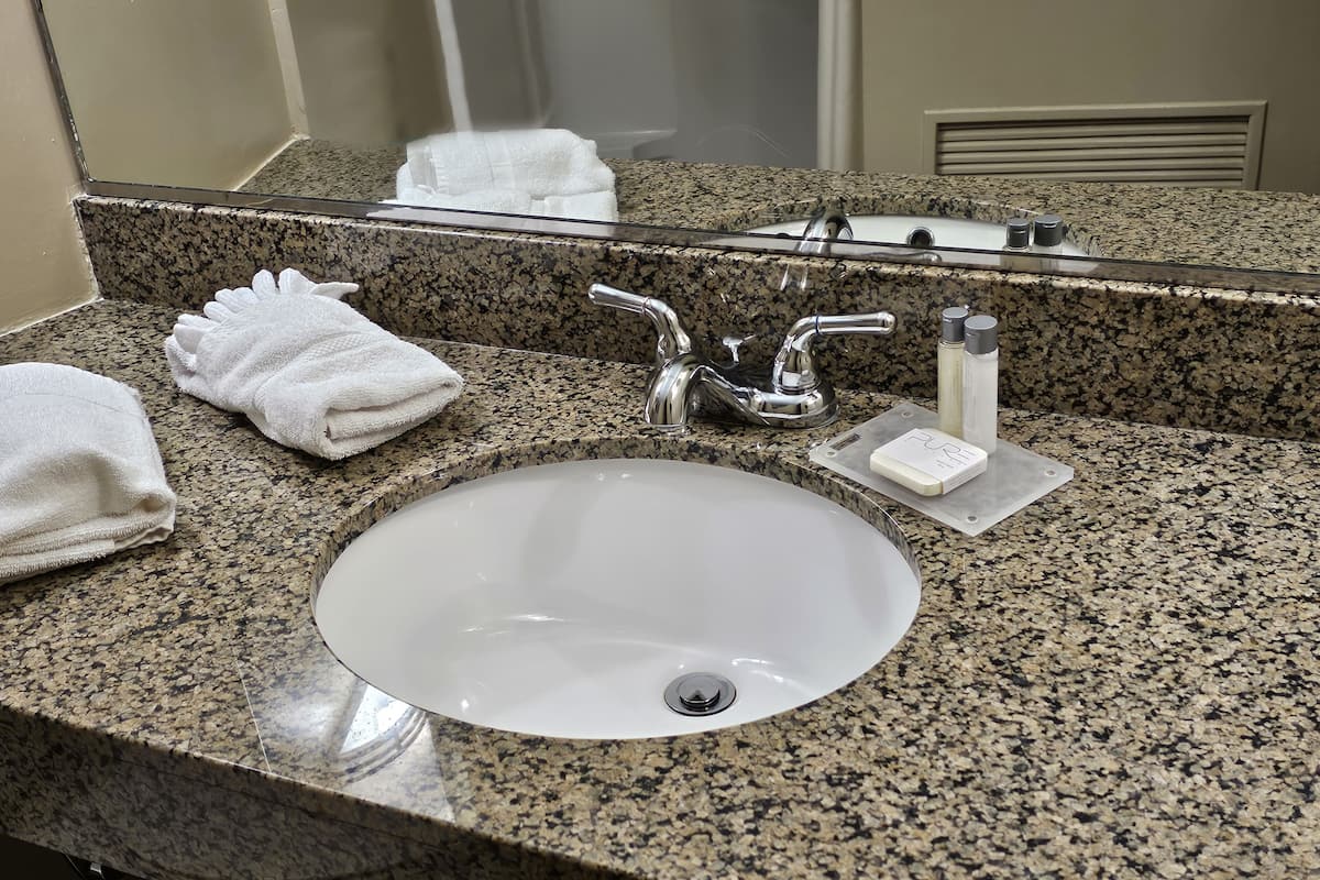 combined shower/bathtub, free toiletries, hair dryer, towels