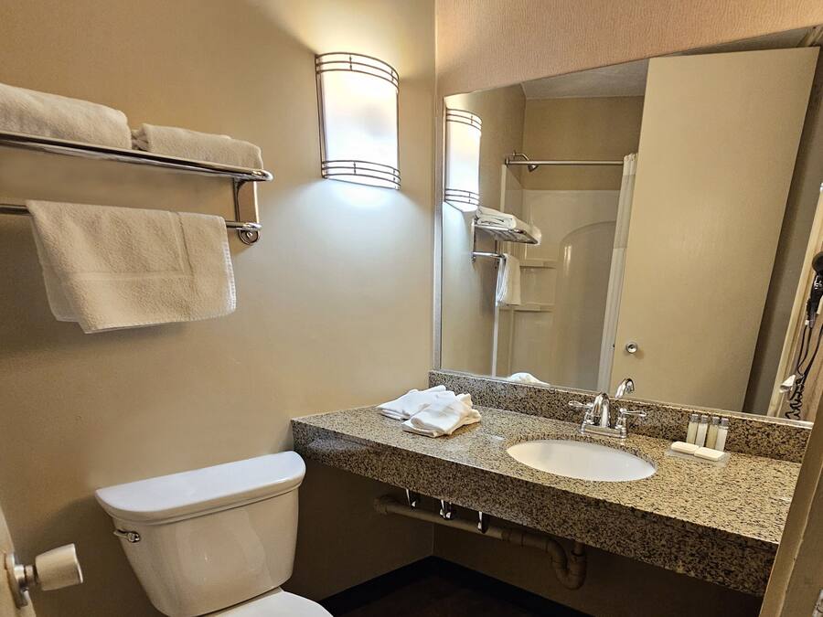 A bathroom with a toilet, sink, and towel rack.