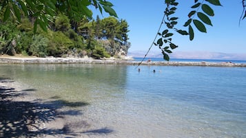 Una playa cerca, sillas reclinables de playa, sombrillas