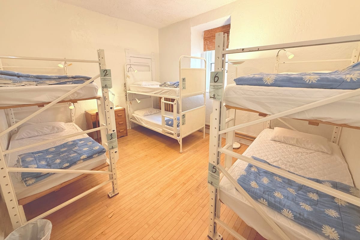 A dormitory room with bunk beds, wooden flooring, and a window with curtains.