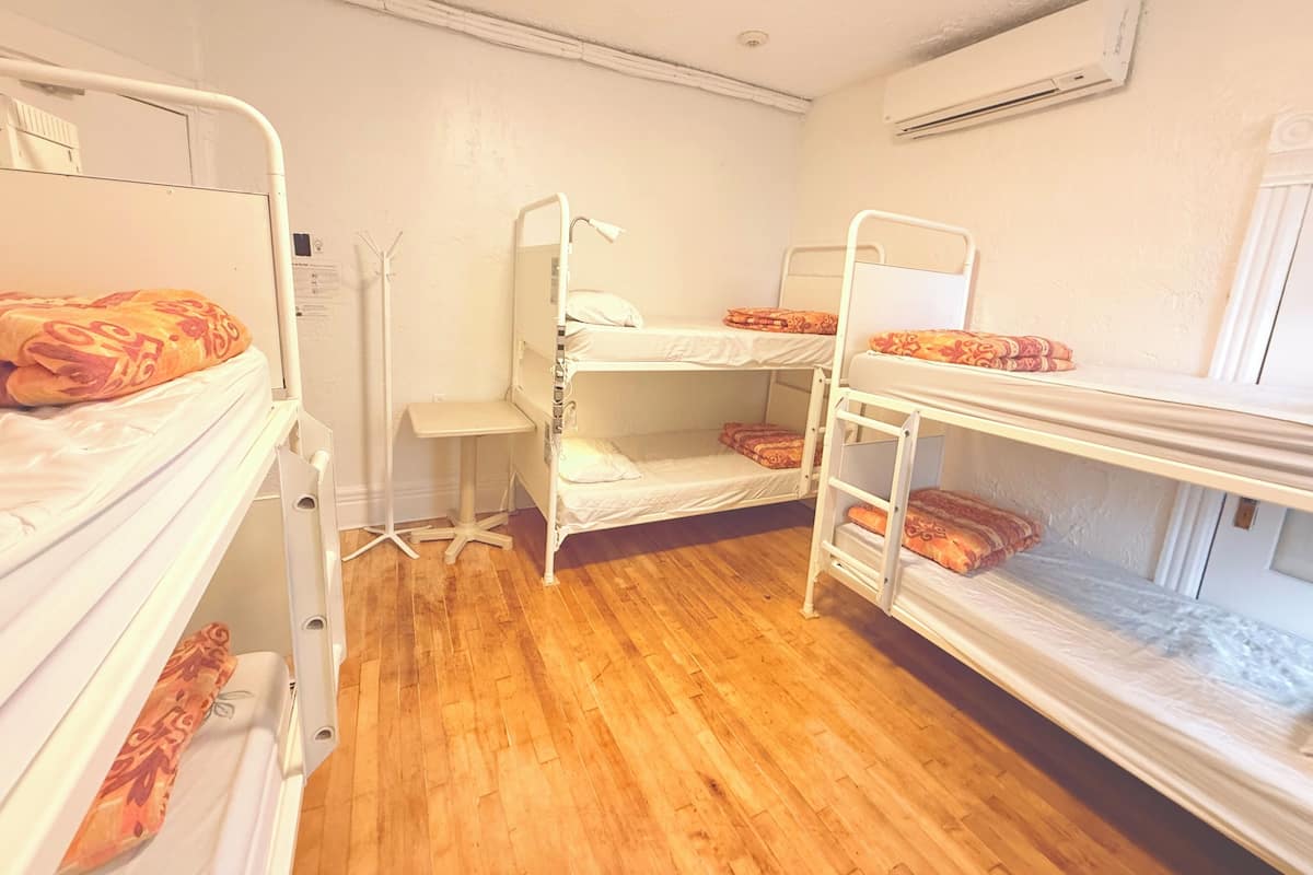 A dormitory room with bunk beds, a desk, and a window.