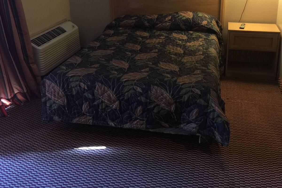 A hotel room with a bed, a nightstand, a lamp, an air conditioning unit, and a framed picture on the wall.