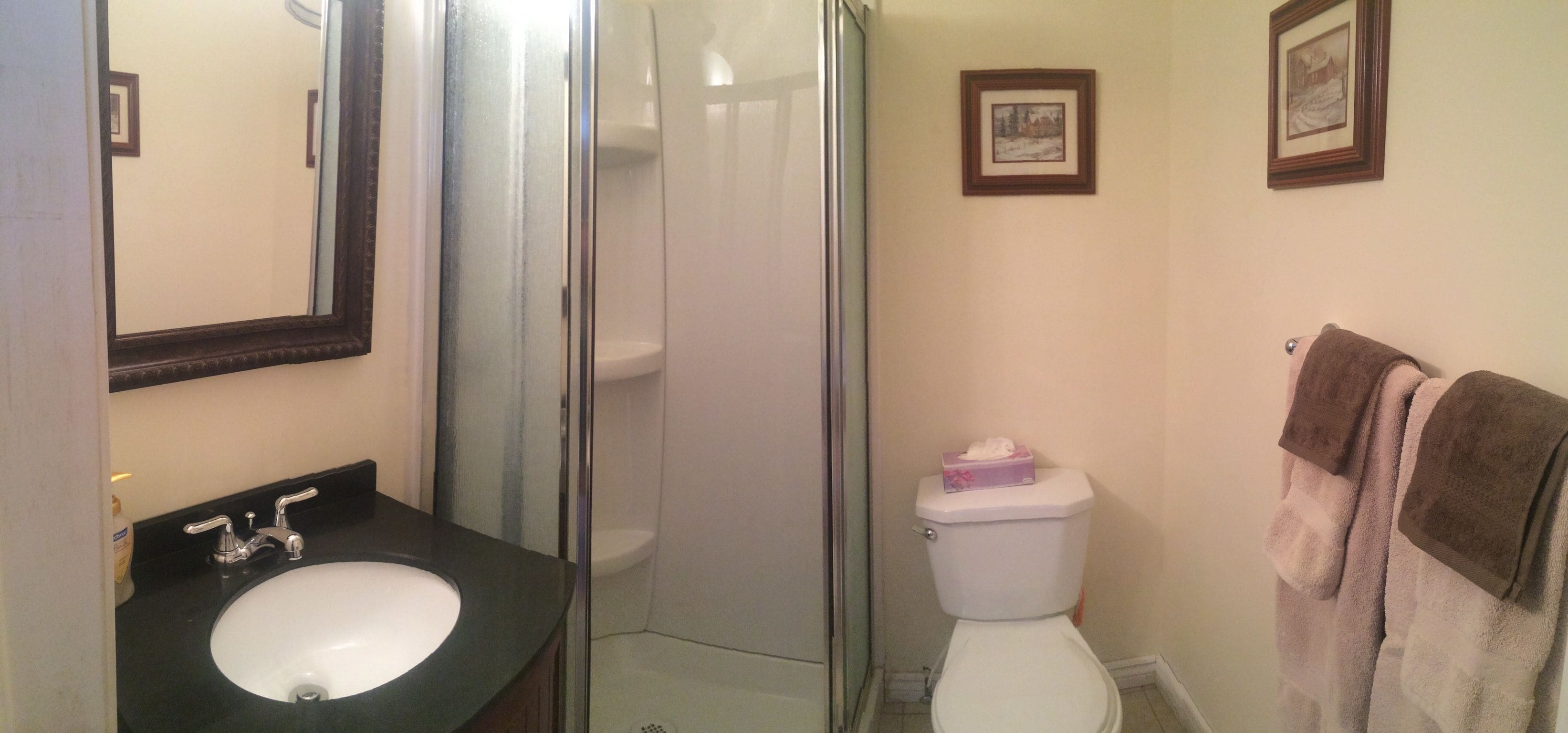 A bathroom with a sink, toilet, and shower.