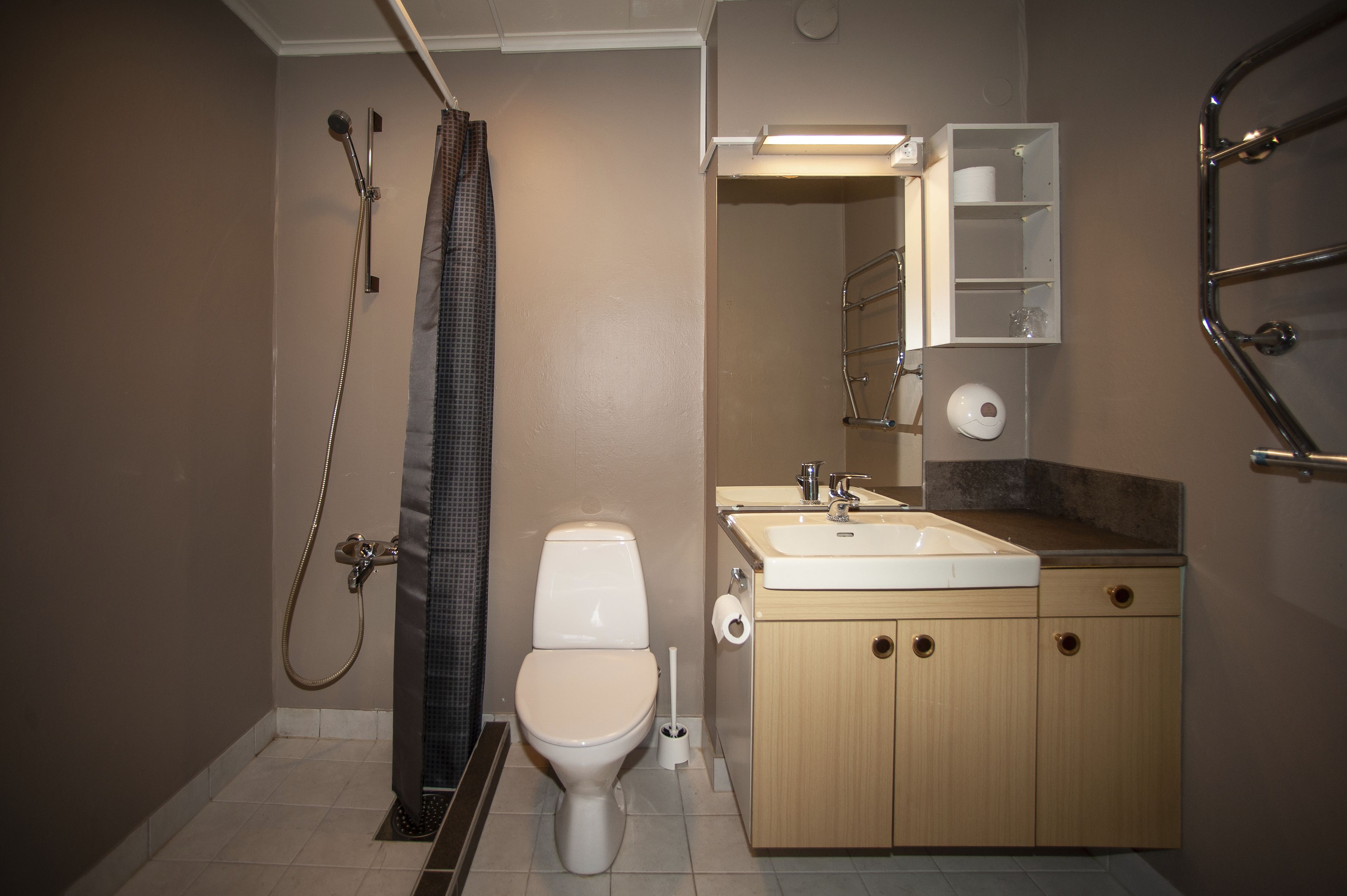 Een badkamer met douche, toilet, wastafel en kast.