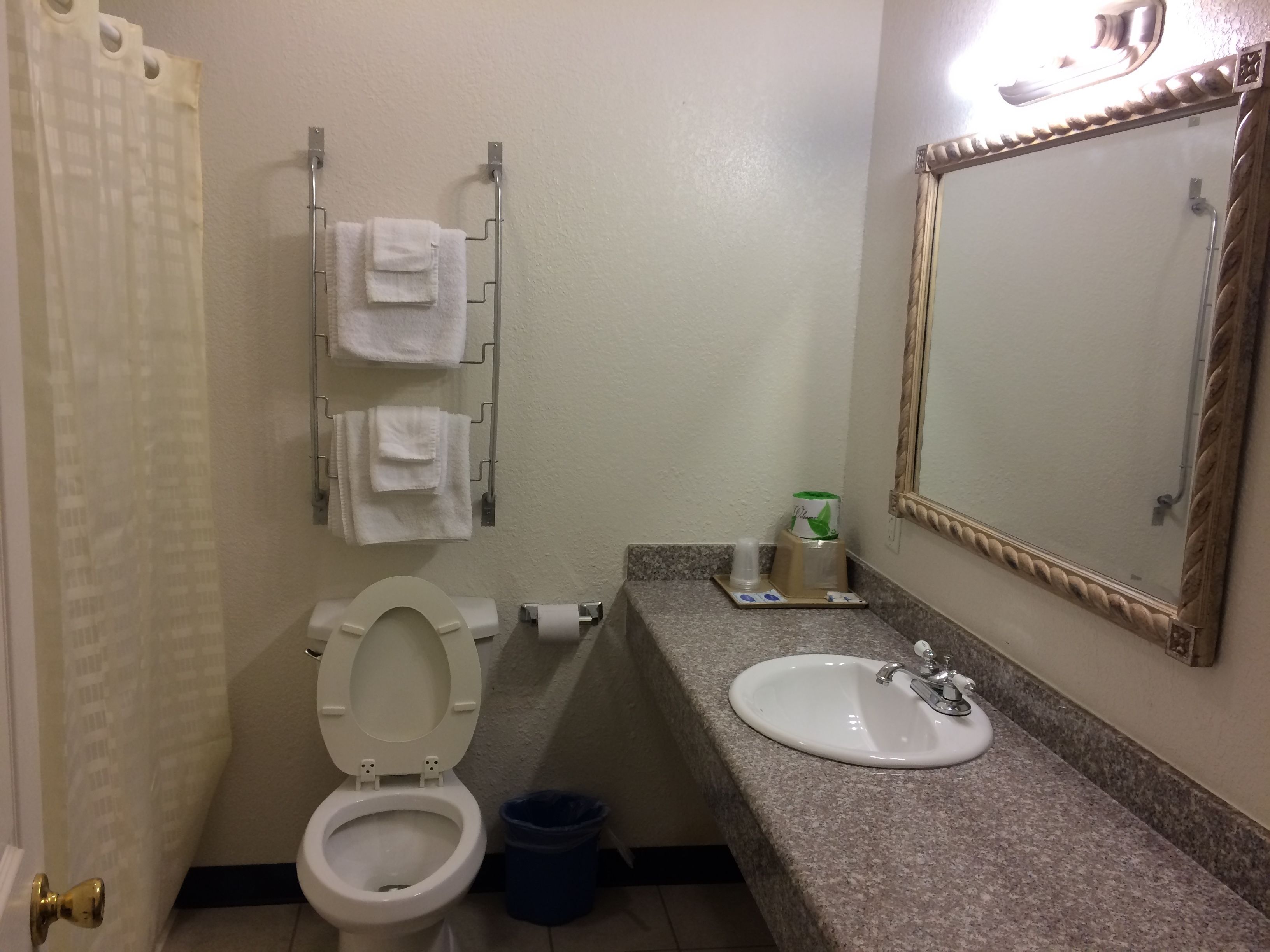 A bathroom with a toilet, sink, towel rack, and mirror.