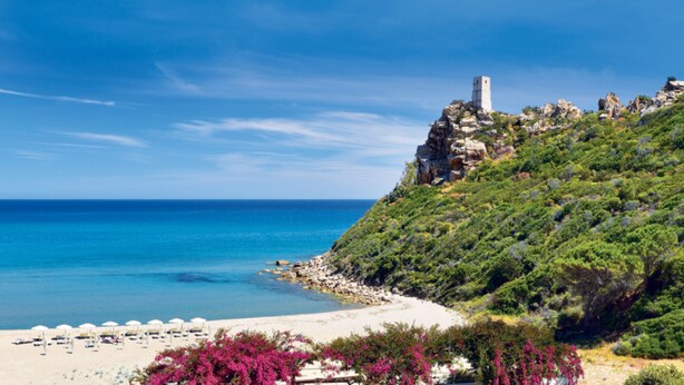 A coastal landscape with a beach, a rocky hill with a tower, and lush greenery.