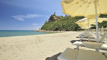 Playa privada, sillas reclinables de playa, sombrillas, toallas de playa