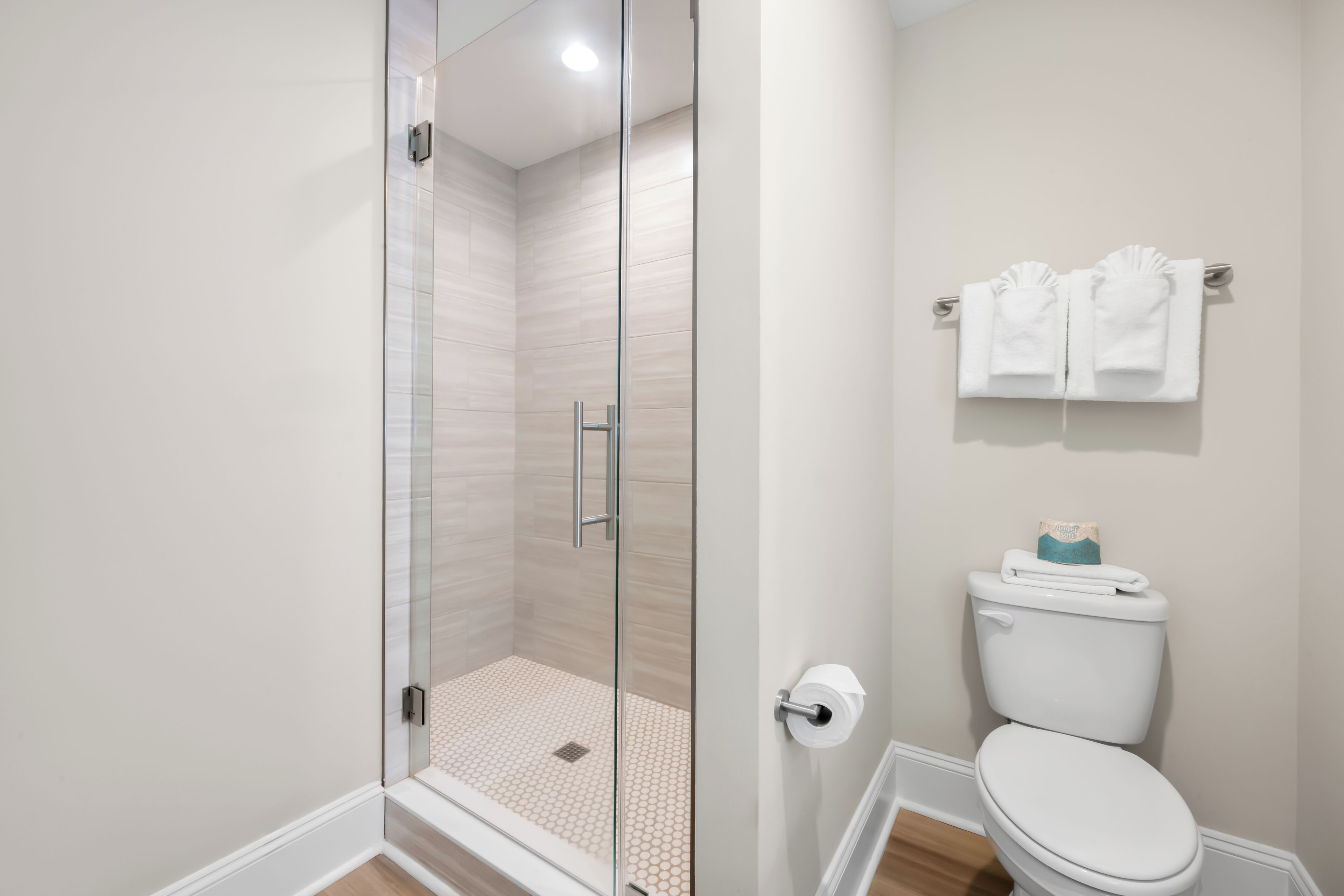 Une salle de bain avec une douche à parois de verre, des toilettes et un porte-serviettes.
