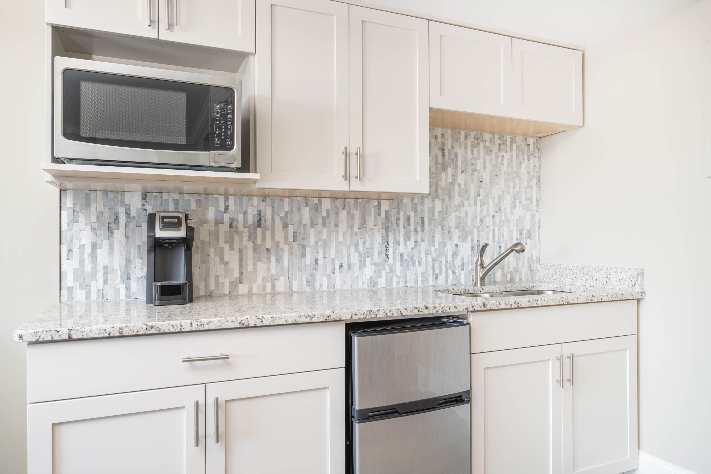 mini-fridge, microwave, coffee/tea maker