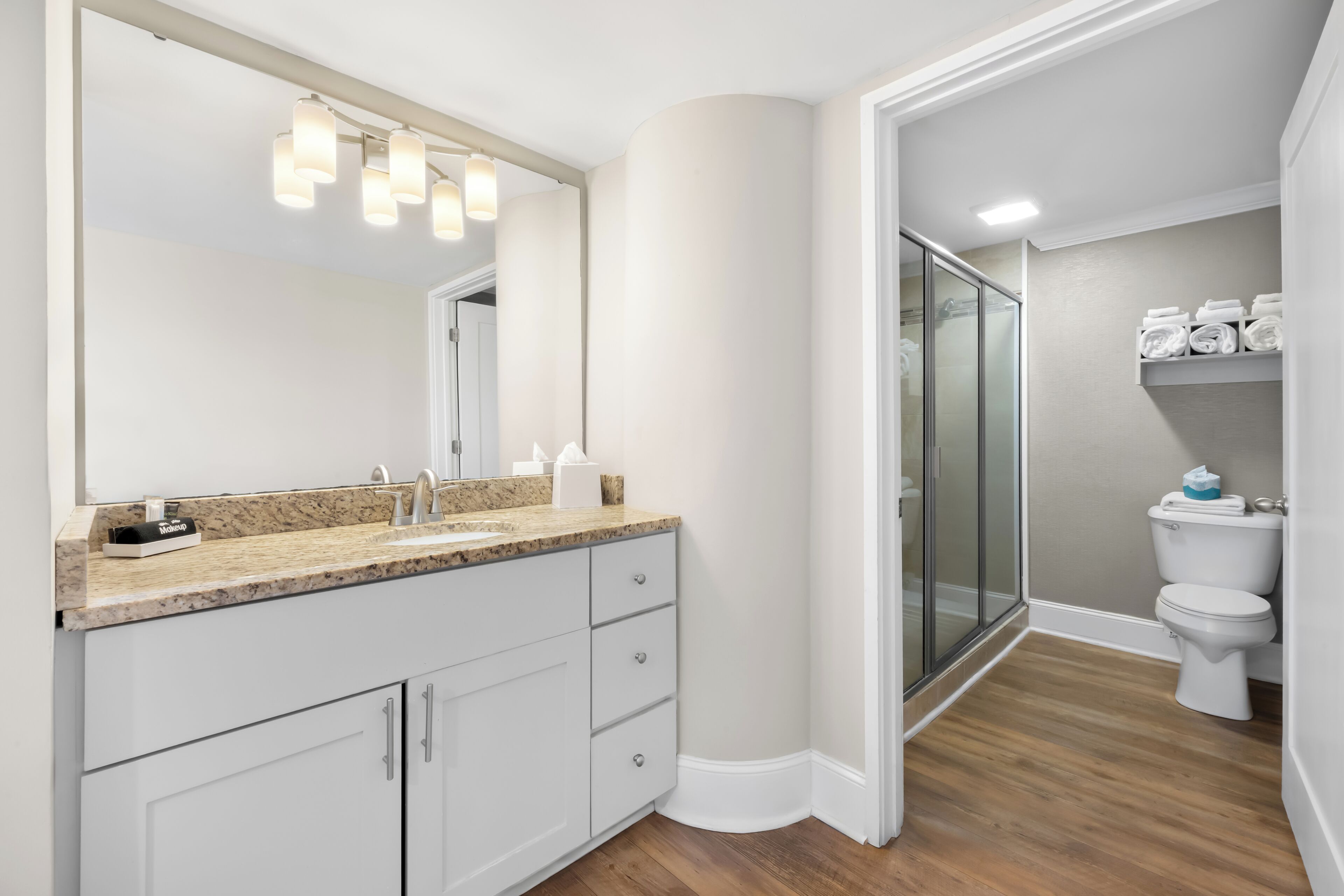 Une salle de bain moderne avec un grand miroir, un comptoir en granit et un espace douche.