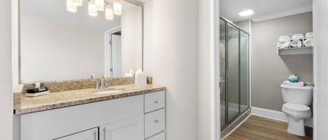 Une salle de bain moderne avec un grand miroir, un comptoir en granit et un espace douche.