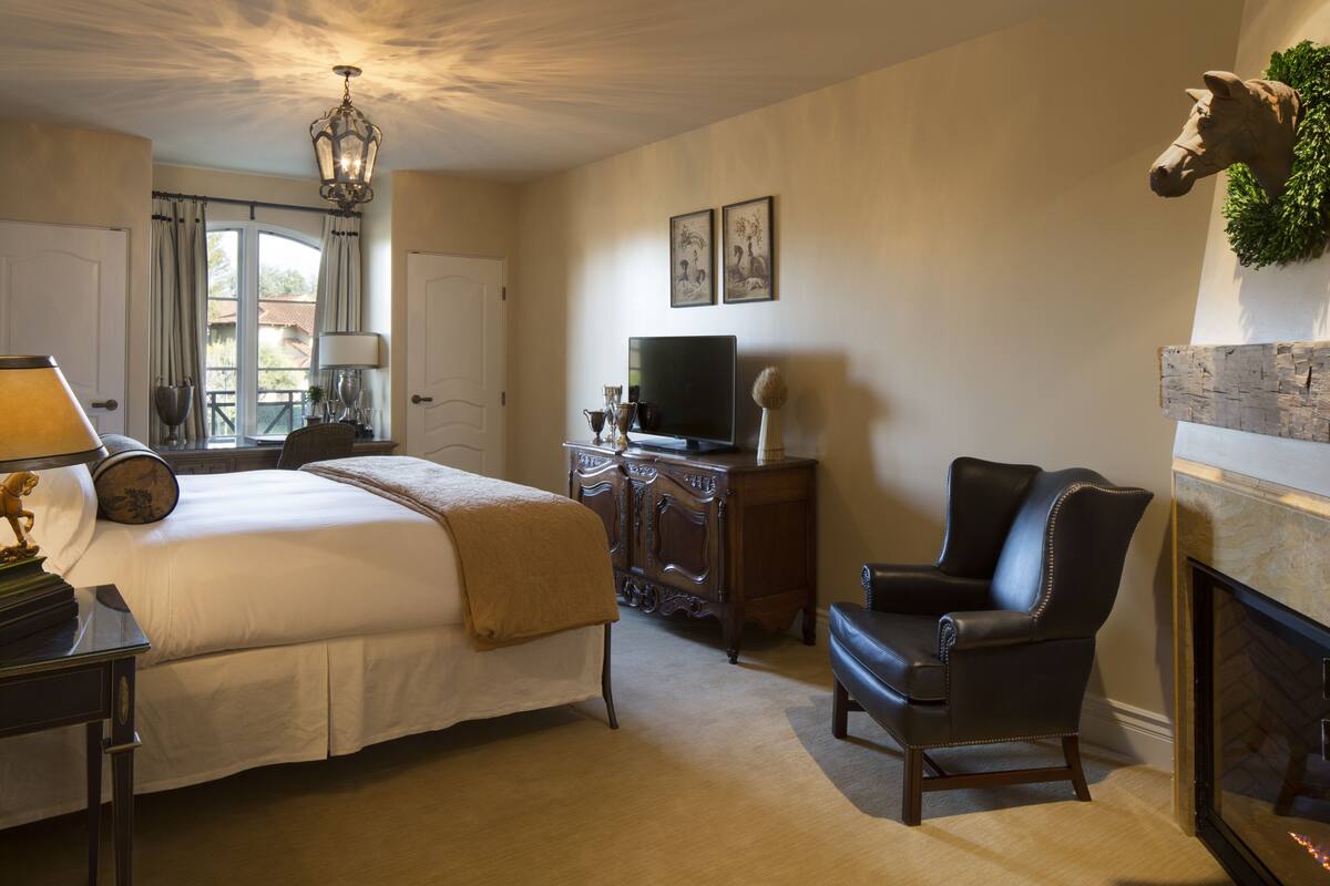 A bedroom with a bed, a television, a fireplace, and a chair.
