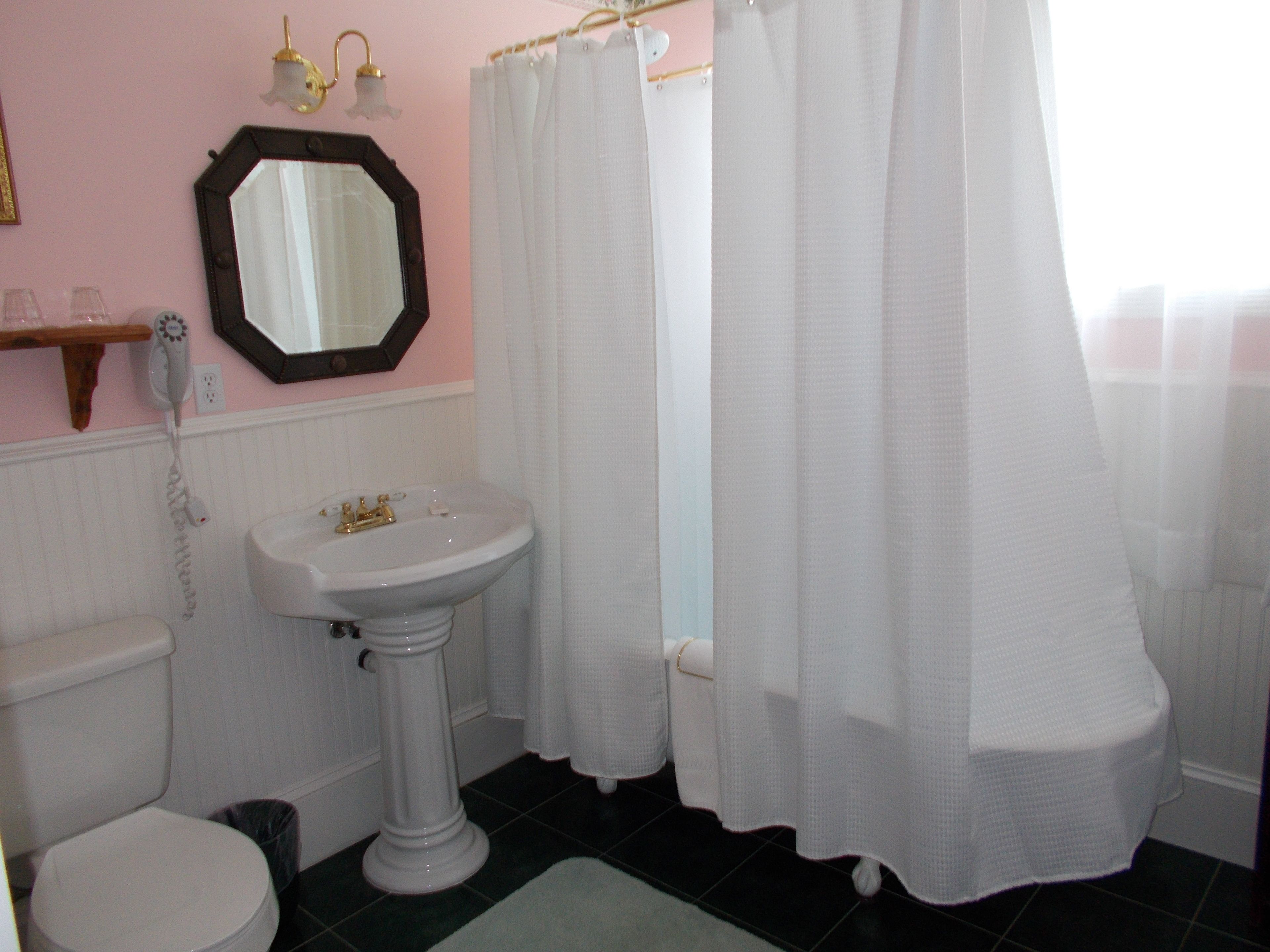Une salle de bain avec un lavabo sur colonne, des toilettes, un rideau de douche et un miroir avec un cadre doré.