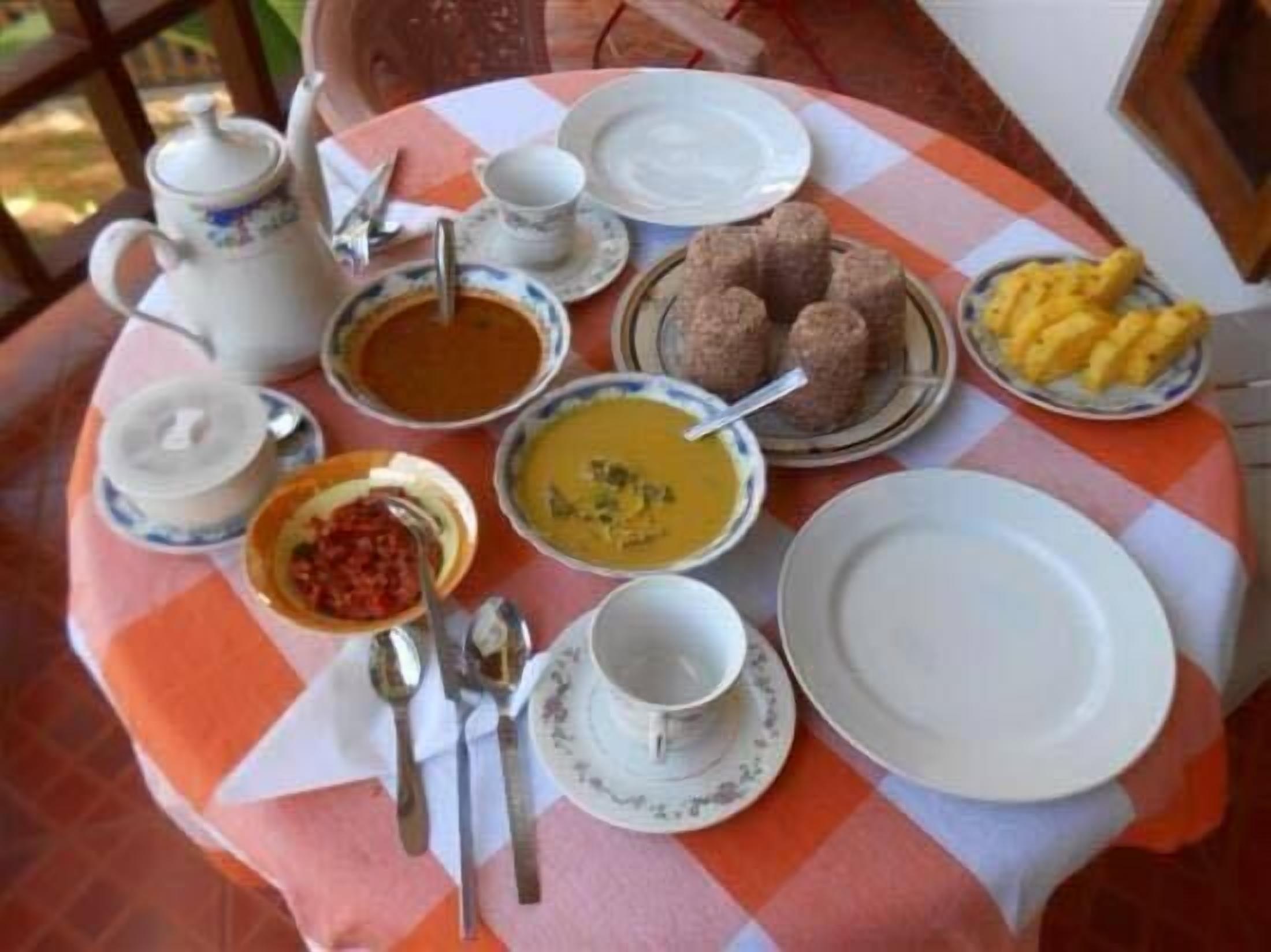 A table set with various dishes, including bowls of soup, a plate of meatballs, and a plate of fries, on a checkered tablecloth.