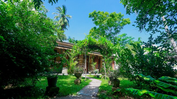 A pathway leading to a traditional building surrounded by lush greenery and potted plants. - Palitha Guesthouse Hotel Dandelion  (Unawatuna)