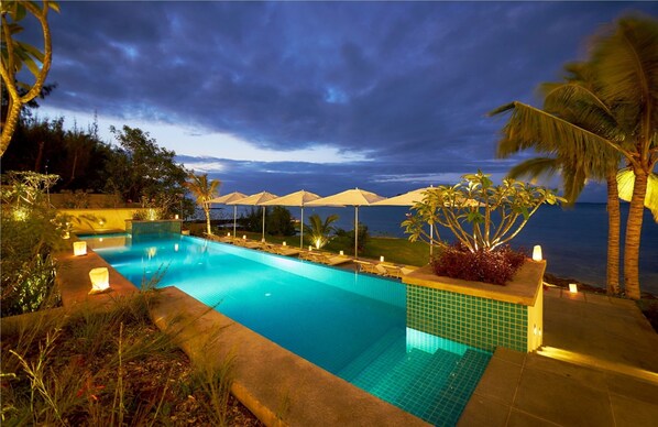 Outdoor pool, pool umbrellas, pool loungers