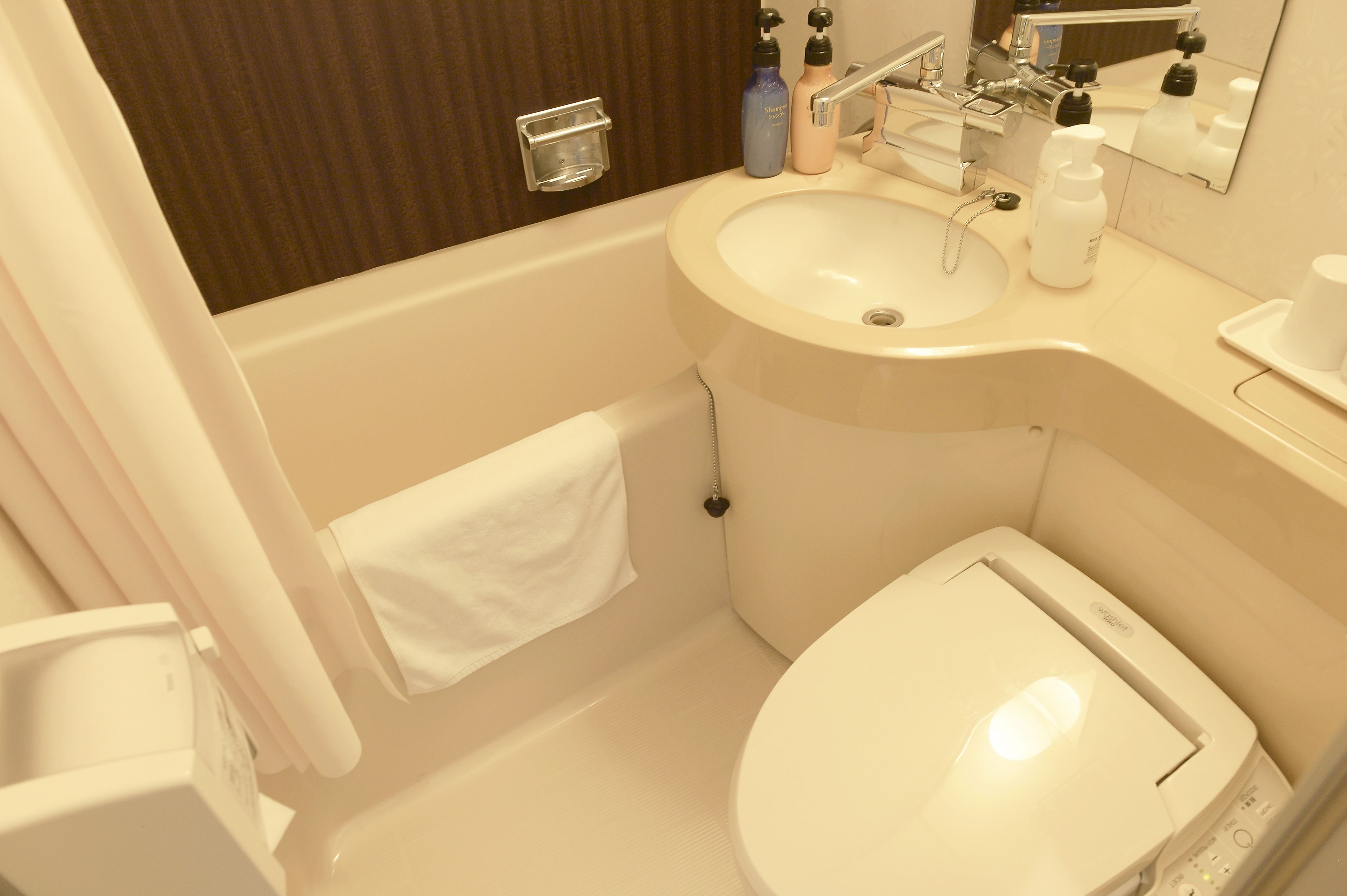 combined shower/bathtub, deep-soaking bathtub, free toiletries