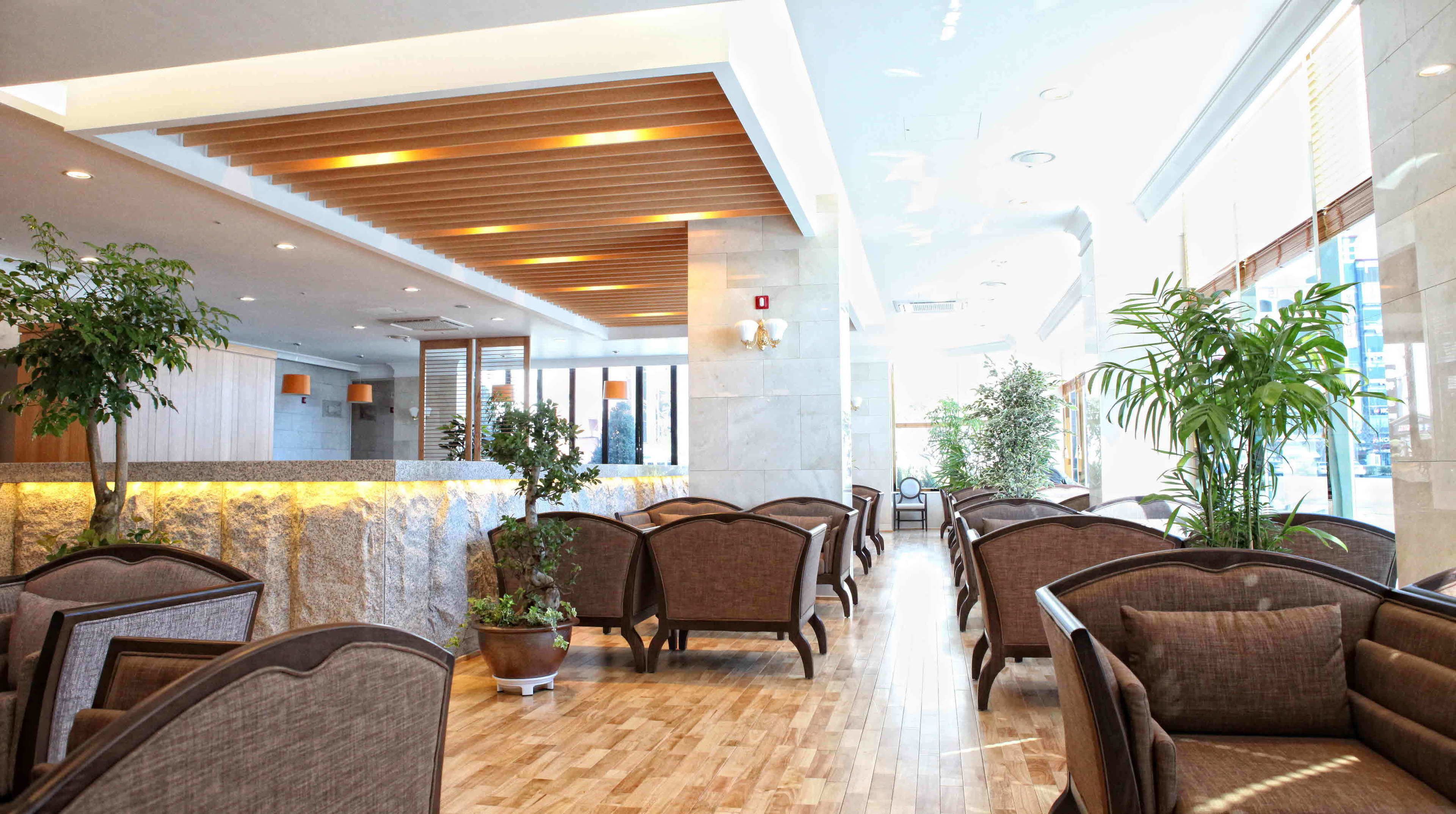 A hotel lobby with a reception desk, seating area, and potted plants.