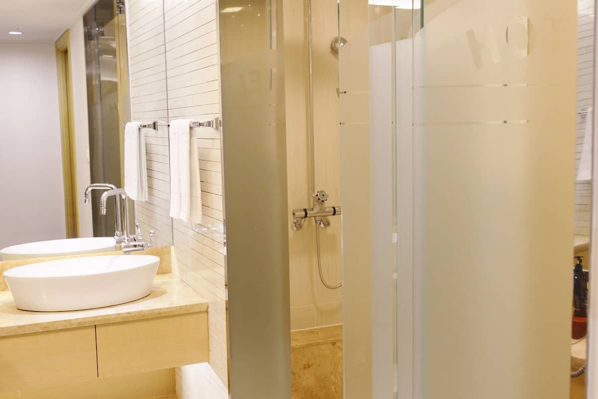 standard double room (3rd floor, partial view) | bathroom | shower, free toiletries, hair dryer, bathrobes