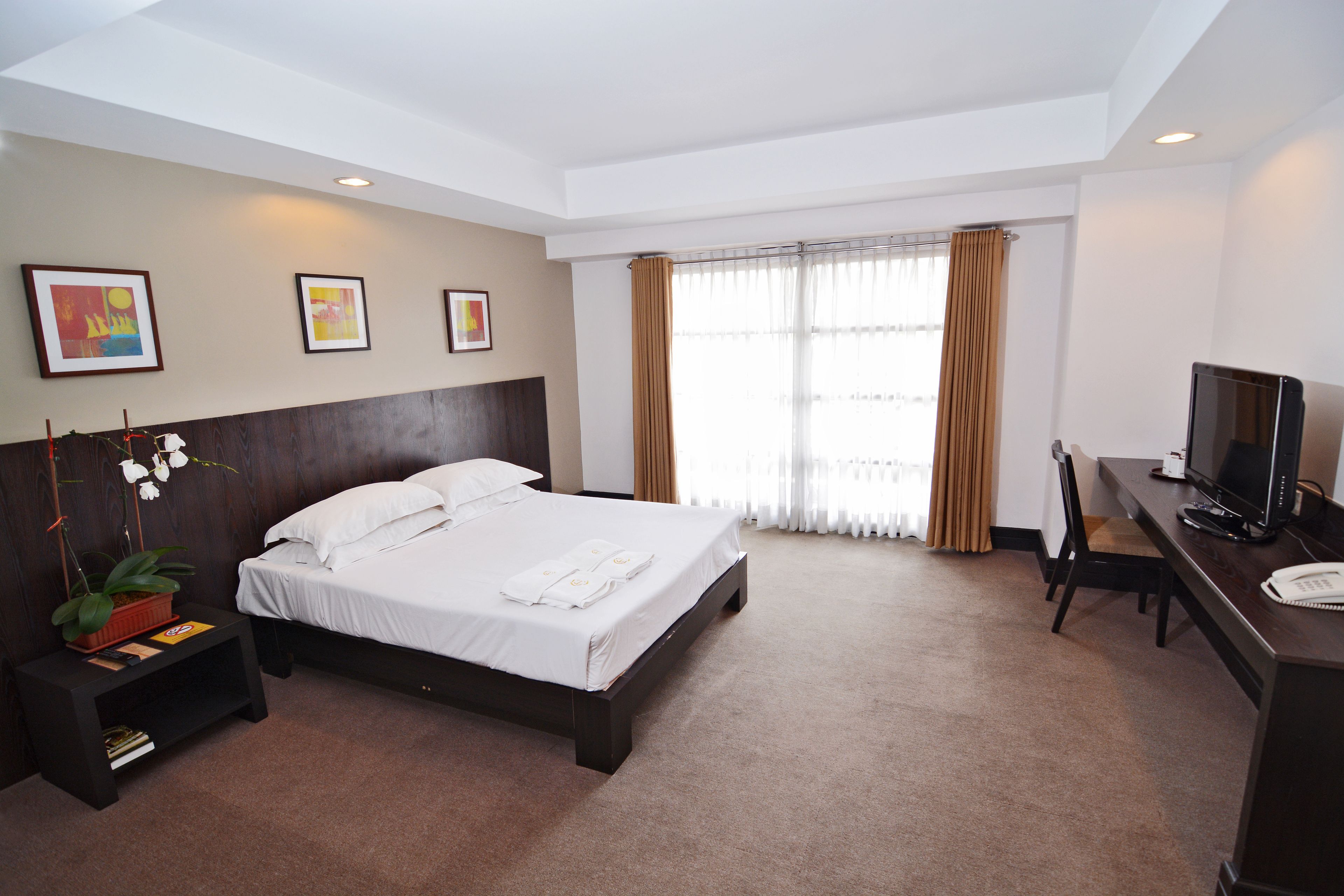 Hotelkamer met een bed, bureau met een computer, televisie en raam met gordijnen.