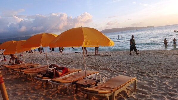 On the beach, white sand, scuba diving