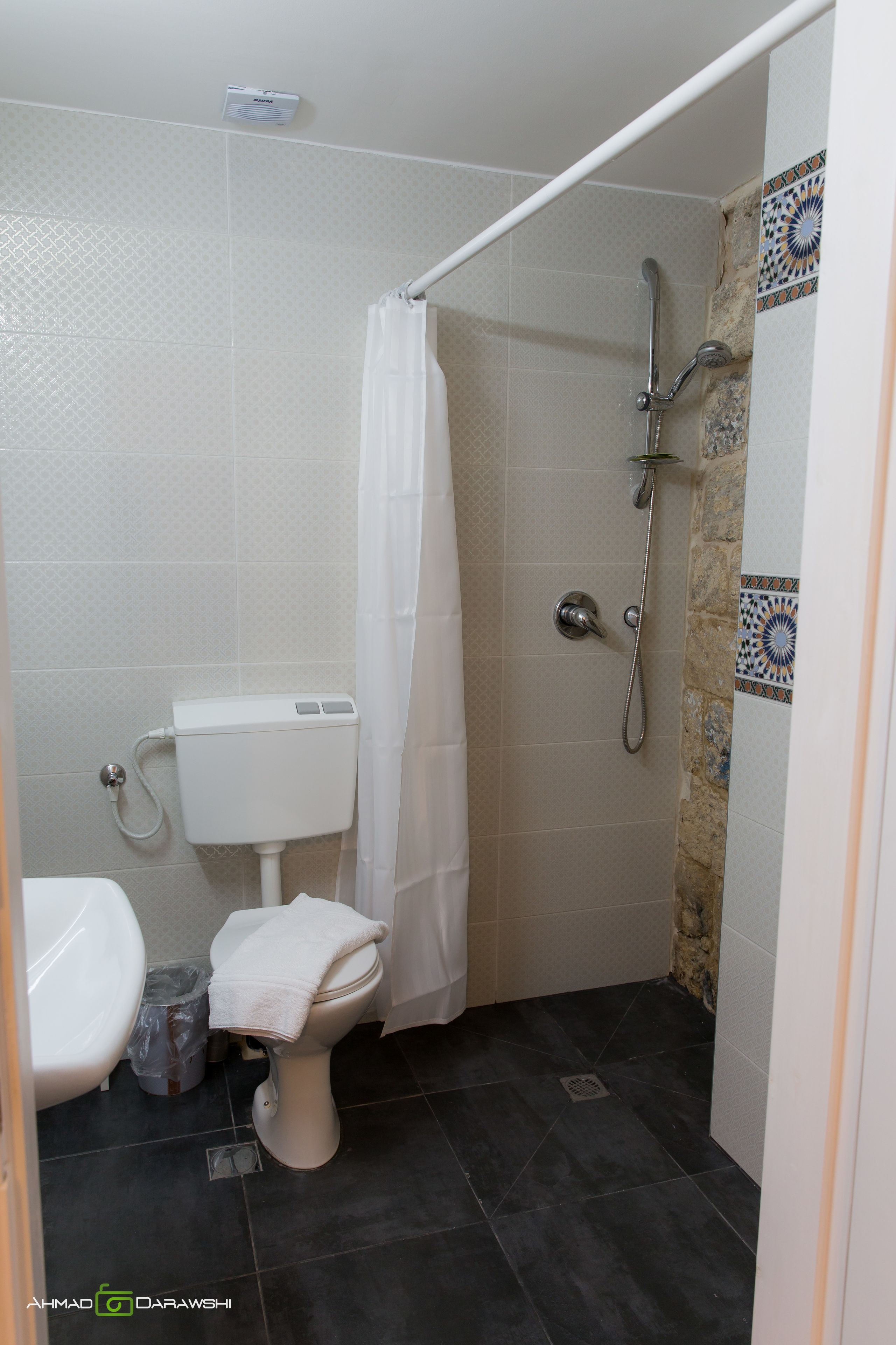 A bathroom with a toilet, shower, and a tiled wall.